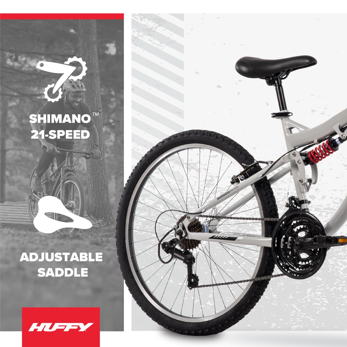 Huffy Stone Mountain Mens 26 Inch Mountain Bike, Cloudy Grey Gloss Frame, 21-Speed Shimano Twist Shifting, Dual Suspension, Comfort Saddle | 20"/24"/26" Sizes, 6-21 Speeds, Dual Suspension Available |