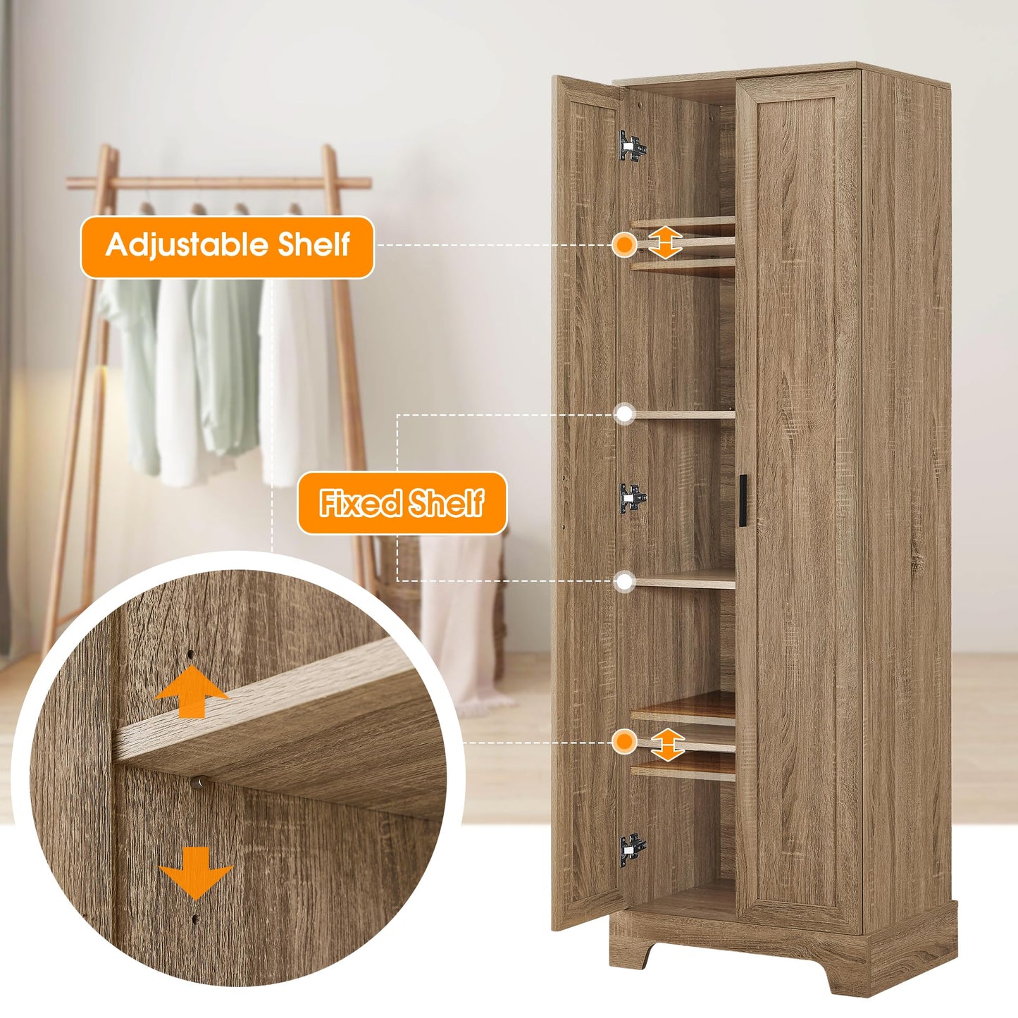Jintop 71.2" Freestanding Waterproof Storage Cabinet with Two Doors,Wooden Kitchen Pantry Cupboard w/Adjustable Shelf & MDF Board w/Painted Finish,for Bathroom Office Living Room,Brown