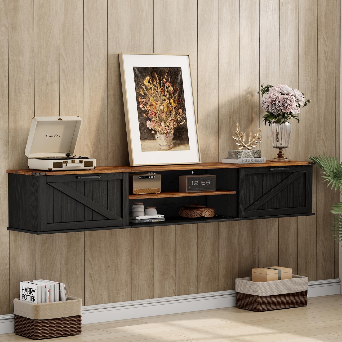 70" Farmhouse Floating TV Stand for TVs up to 90", 2-Tier Floating Entertainment Center with Flip Doors, Floating tv shelf with Storage, Wall Mounted TV Console for Living Room, Bedroom, Black
