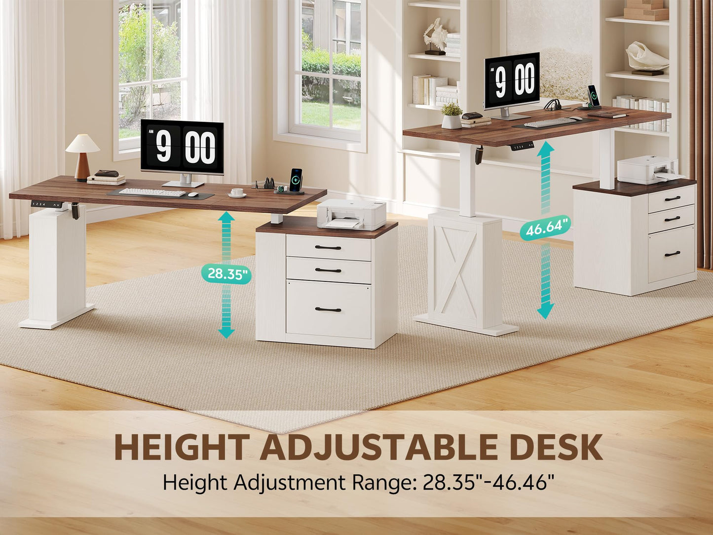 Homiflex 75.5 Inches Electric Standing Desk with Drawers Farmhouse Sit Stand Desk with Storage Adjustable Height Computer Desk with Power Outlets Printer Space for Home Office White and Walnut