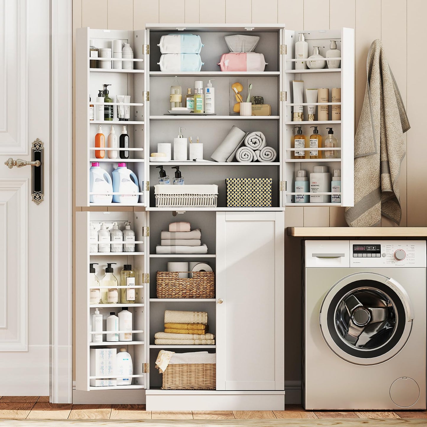 Giantex Kitchen Pantry Cabinet, 65.5" Tall Kitchen Hutch w/8-Tier Storage Cabinet, 16-Tier Door Shelves & Adjustable Shelves, 4-Door Freestanding Buffet Sideboard for Dining Room, Living Room, White