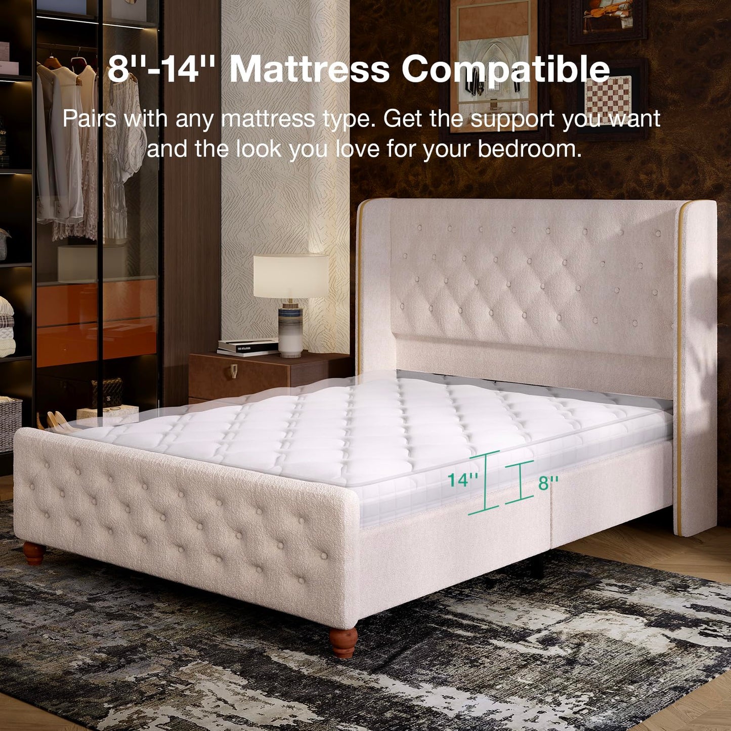 Novilla Bed Frame Queen Size, Queen Bed Frame with Headboard, Sea-Lion Velvet Upholstered Tall Queen Bed Frame with Wingback and Footboard, Button Tufted/No Box Spring Needed/Heavy Duty Feet/Cream