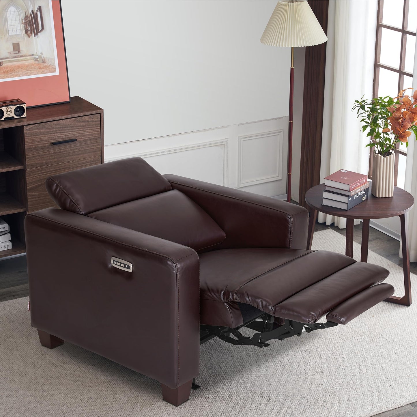 MCombo Zero Wall Recliner Chair, Wall Hugger Power Recliner Chair with Adjustable Headrest, High Wood Leg, USB & Type C Dual Charge Ports, for Living Room, Small Spaces, HL128 (Faux Leather, Brown)