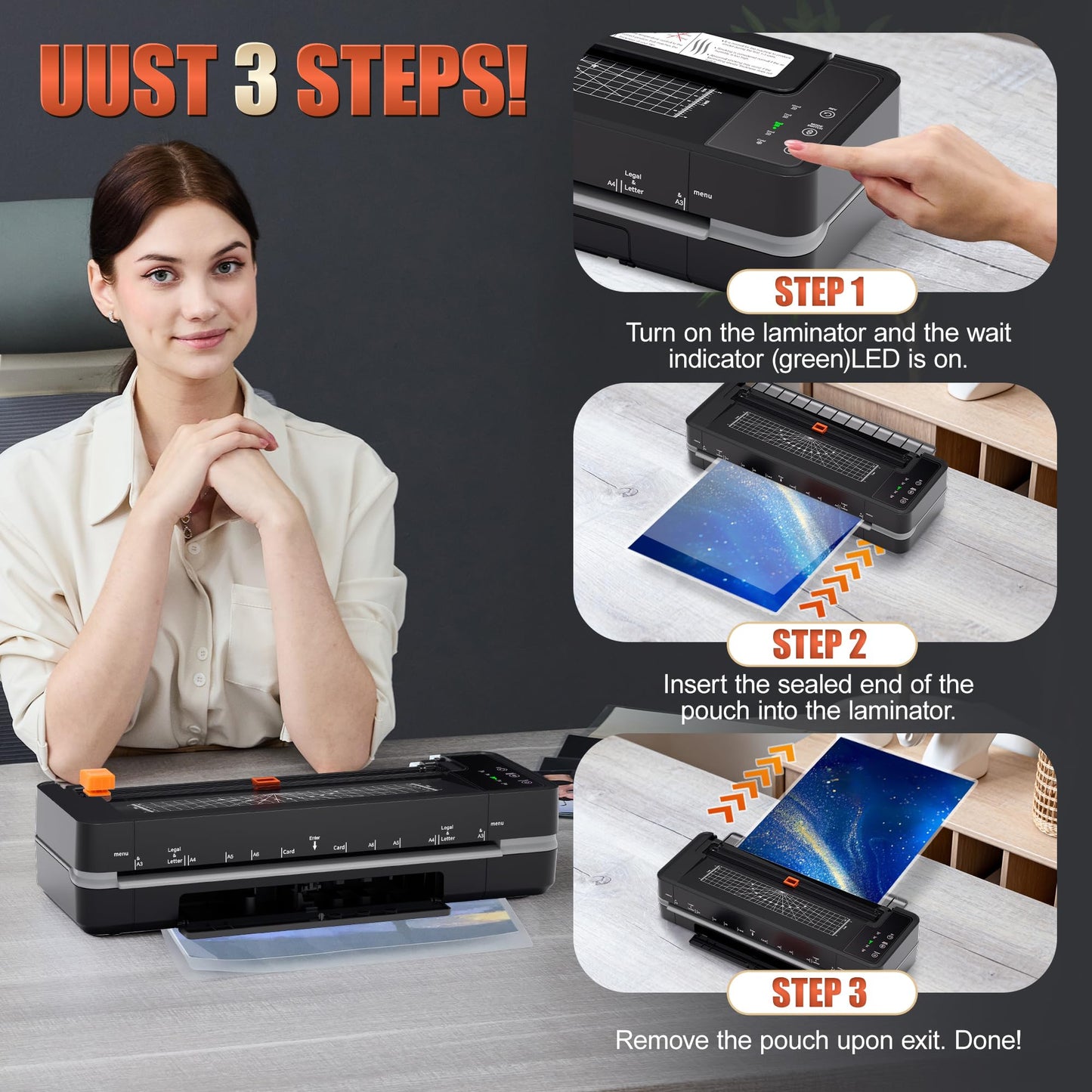 13" Heavy-Duty 4-Roller Laminator Machine, Fast 55s Warm-Up, 3-10 Mil A3/11x17 Laminating Machine, 1000mm/min Speed, Auto-Reverse Jam Prevention, Includes 30-Sheets for Office & School (Black)