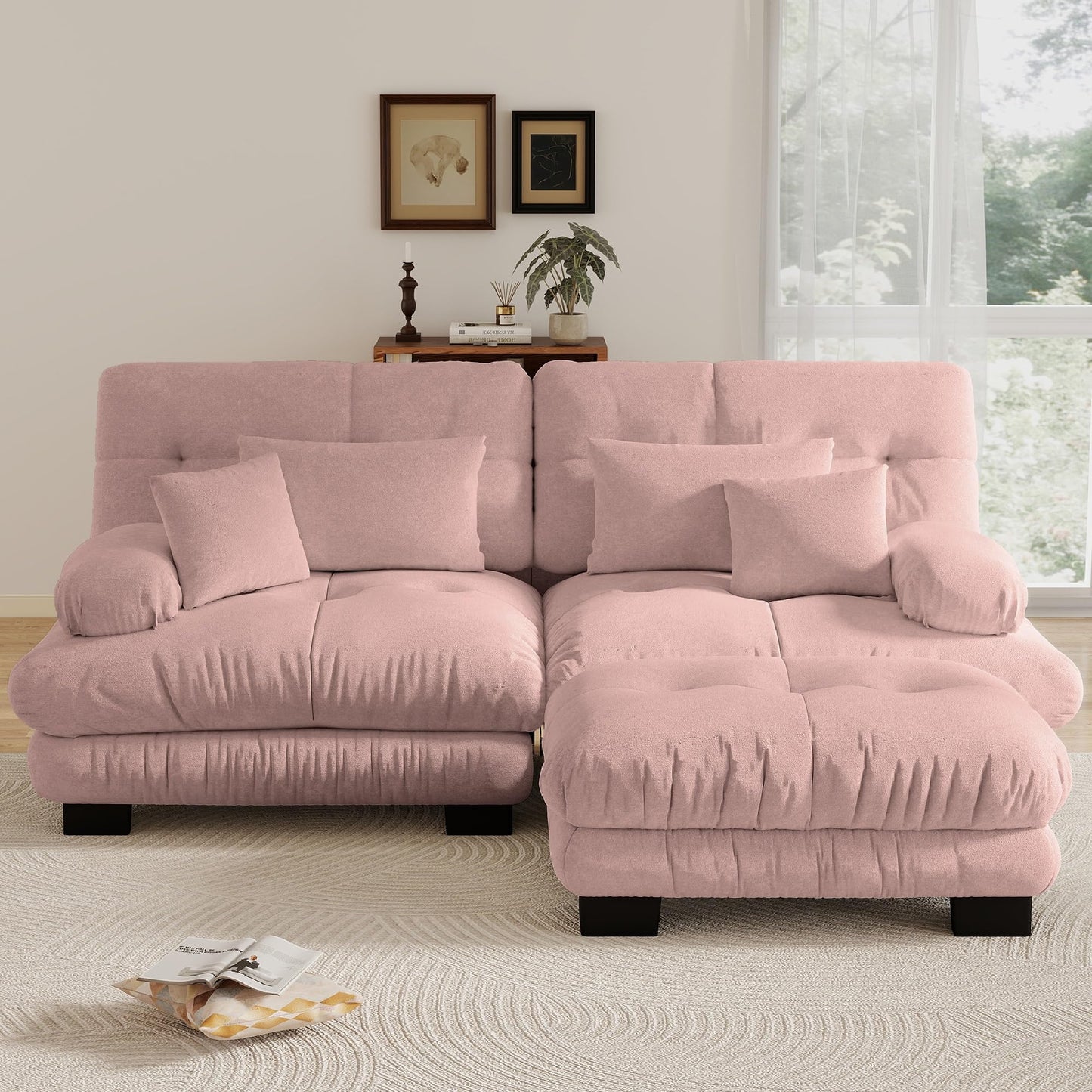 KEIKI 94 Inch Cloud Couch Sectional Sofa, Convertible L-Shaped Sleeper Sofa Set with Movable Ottoman, 3-Seater Chenille Upholstered Sofabed for Living Room Lounge, Deep Seating, Easy Assembly, Pink