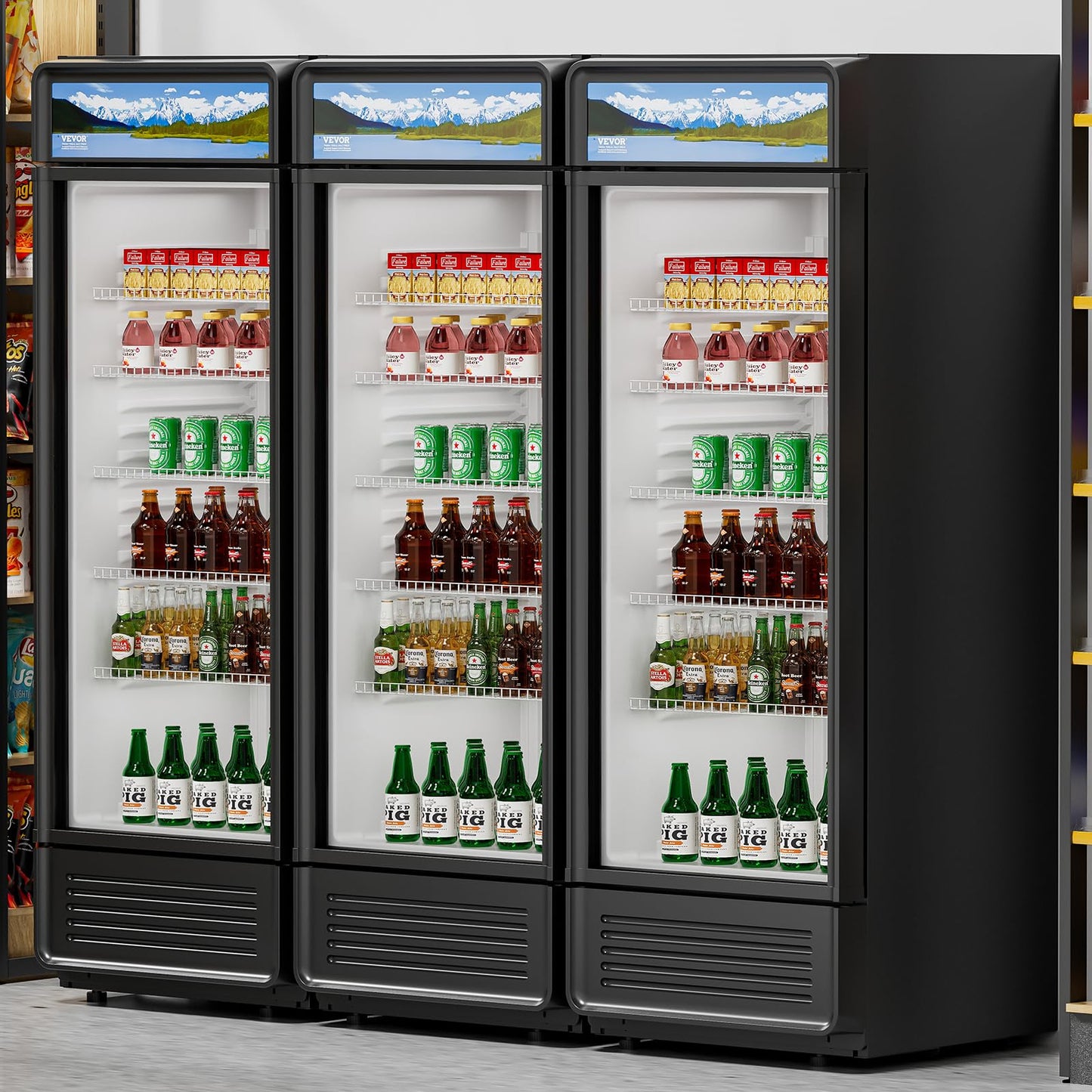 VEVOR Commercial Merchandiser Refrigerator, 12.2 CU.FT Glass Door Display Refrigerator, Beverage Cooler Merchandiser with Adjustable Shelves, Soft LED Light, Customizable Lightbox, Black