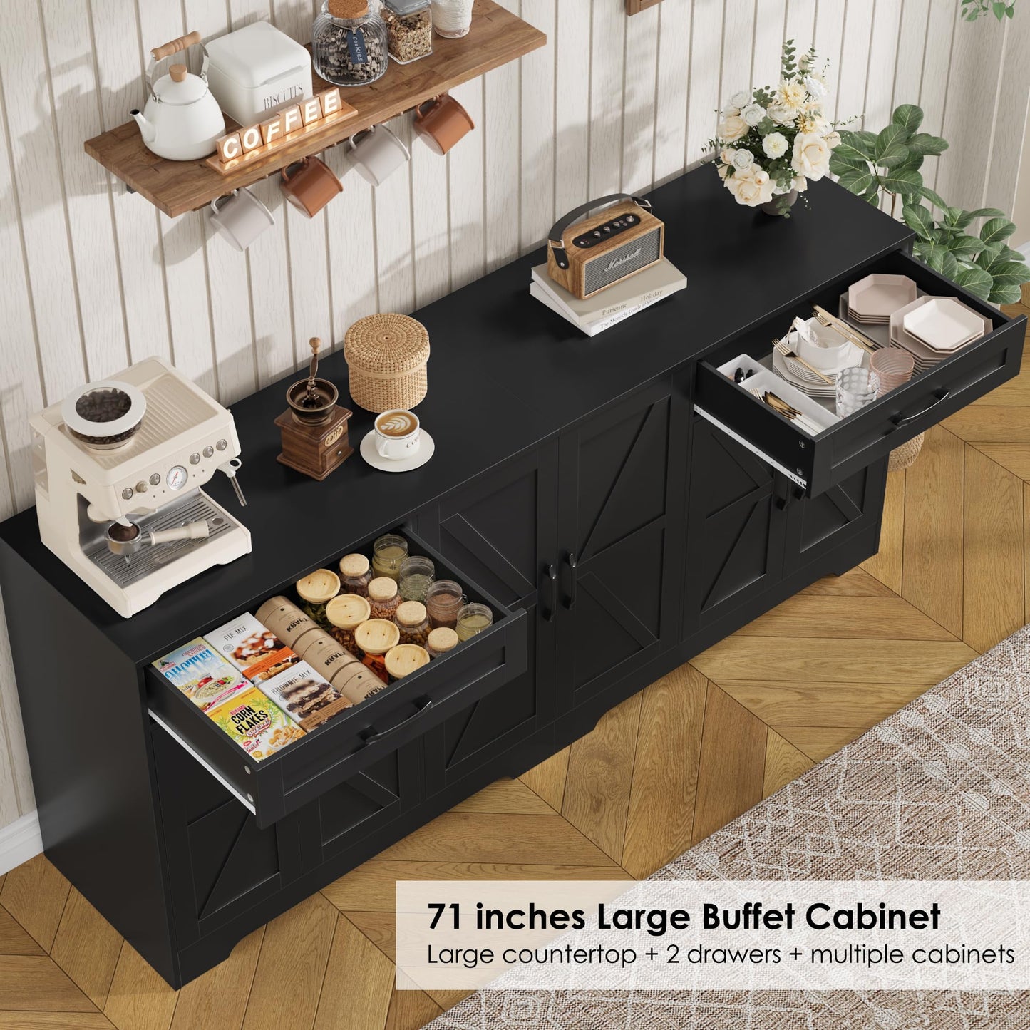 BOTLOG 71” Large Sideboard Buffet Cabinet with Storage, Farmhouse Kitchen Buffet Cabinet with Adjustable Shelves and 6 Barn Doors, Wood Coffee Wine Bar Console Table for Kitchen, Dining Room, Black