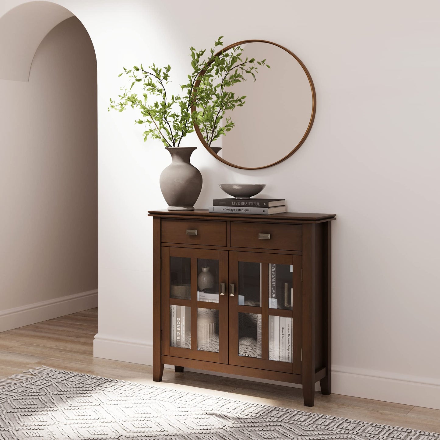 SIMPLIHOME Artisan Storage Cabinet - 36 inch Wide Solid Wood Entryway Cabinet in Russet Brown, Contemporary Console for Living Room or Hallway with 2 Drawers, Adjustable Shelves, and Glass Doors