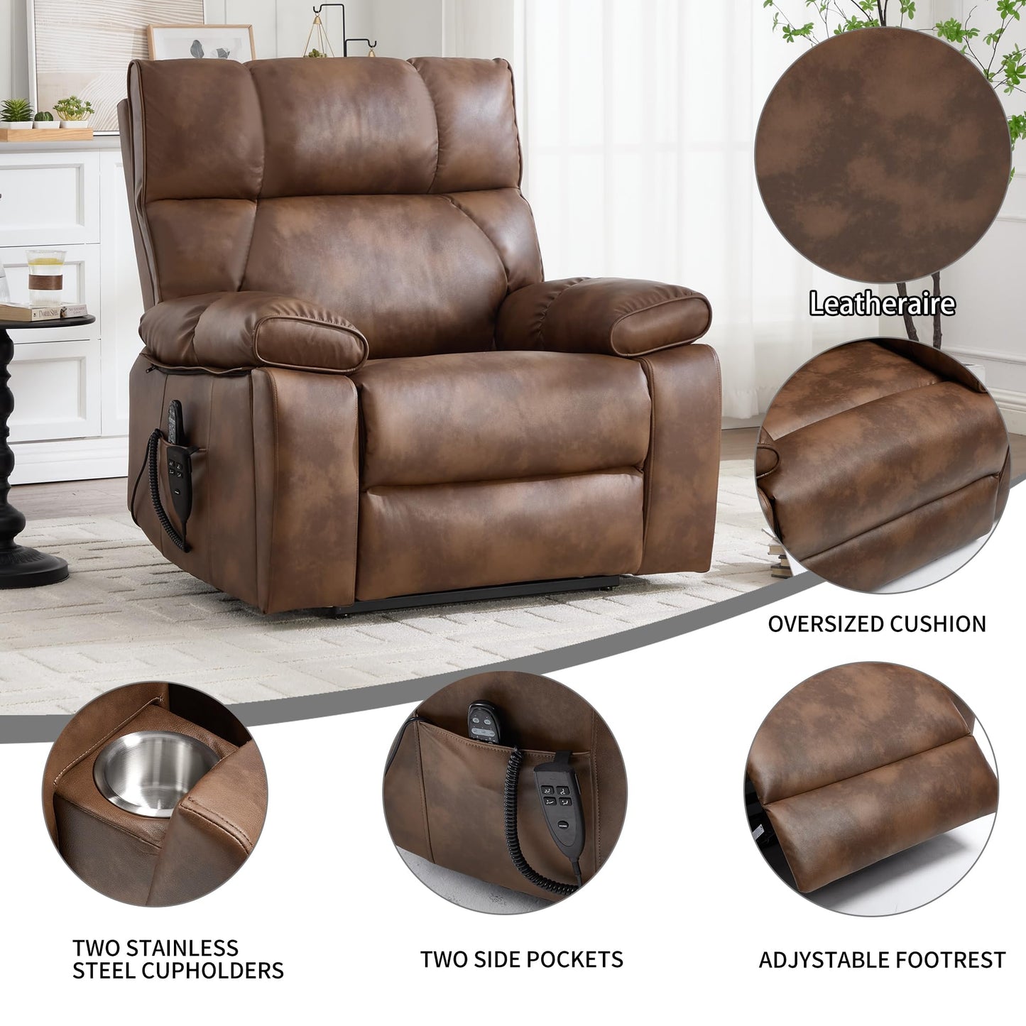 KEIKI Leatheraire Oversized Electric Power Lift Recliner Chair with Heat & Massage, Dual Motor, Infinite Positions, Hidden Cup Holders, Medium-Firm, Heavy Duty Up to 350 lbs, Light Brown
