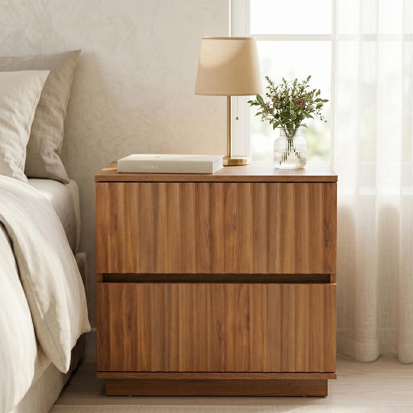 FurniXpress Fluted Nightstands Set of 2, 23.6" Wide Walnut Brown Mid-Century Modern Bedside Tables with 2 Drawers, Handleless Night Stand for Bedroom