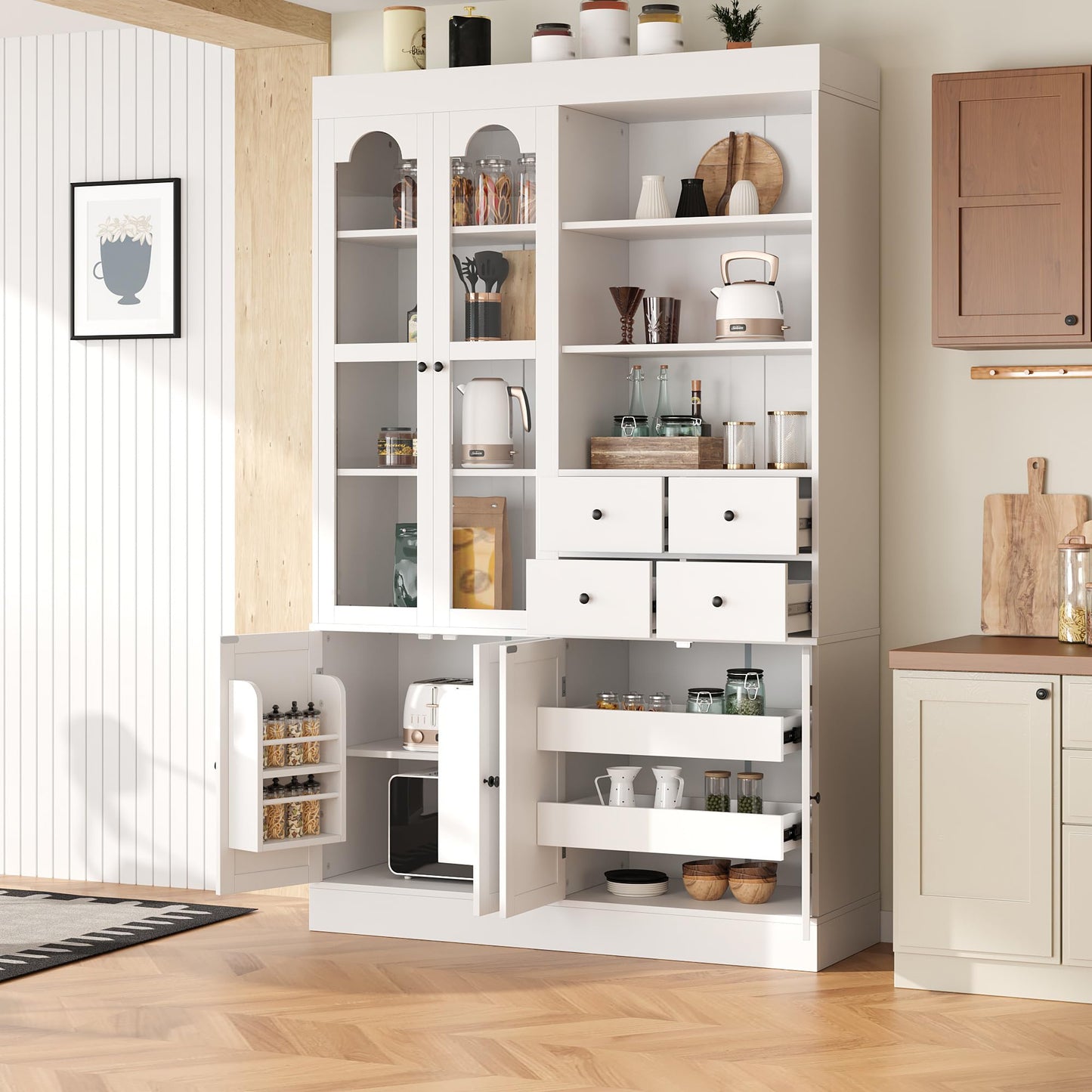 Merax Wood Kitchen Pantry with 4 Drawers, 3 Cabinets and Hutch, Tall Cupboard Dining Storage Cabinet with Door Shelves and Pull-Out Trays for Living Room, Kitchen, Dining Room White