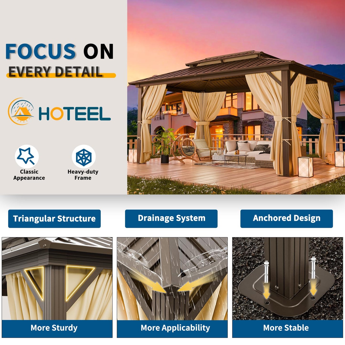 HOTEEL 10x15 Hardtop Gazebo On Clearance with Heavy Duty Galvanized Steel Metal Roof, Patio Hard Top Gazebo with Curtains & Netting,Outdoor Permanent Hot tub Gazebo Pavillon for Backyard,Deck,Brown
