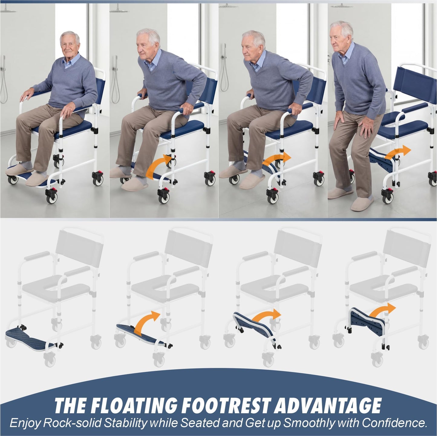 Shower Chair with Wheels, Two Modes Commode Chair for Elderly and Disabled