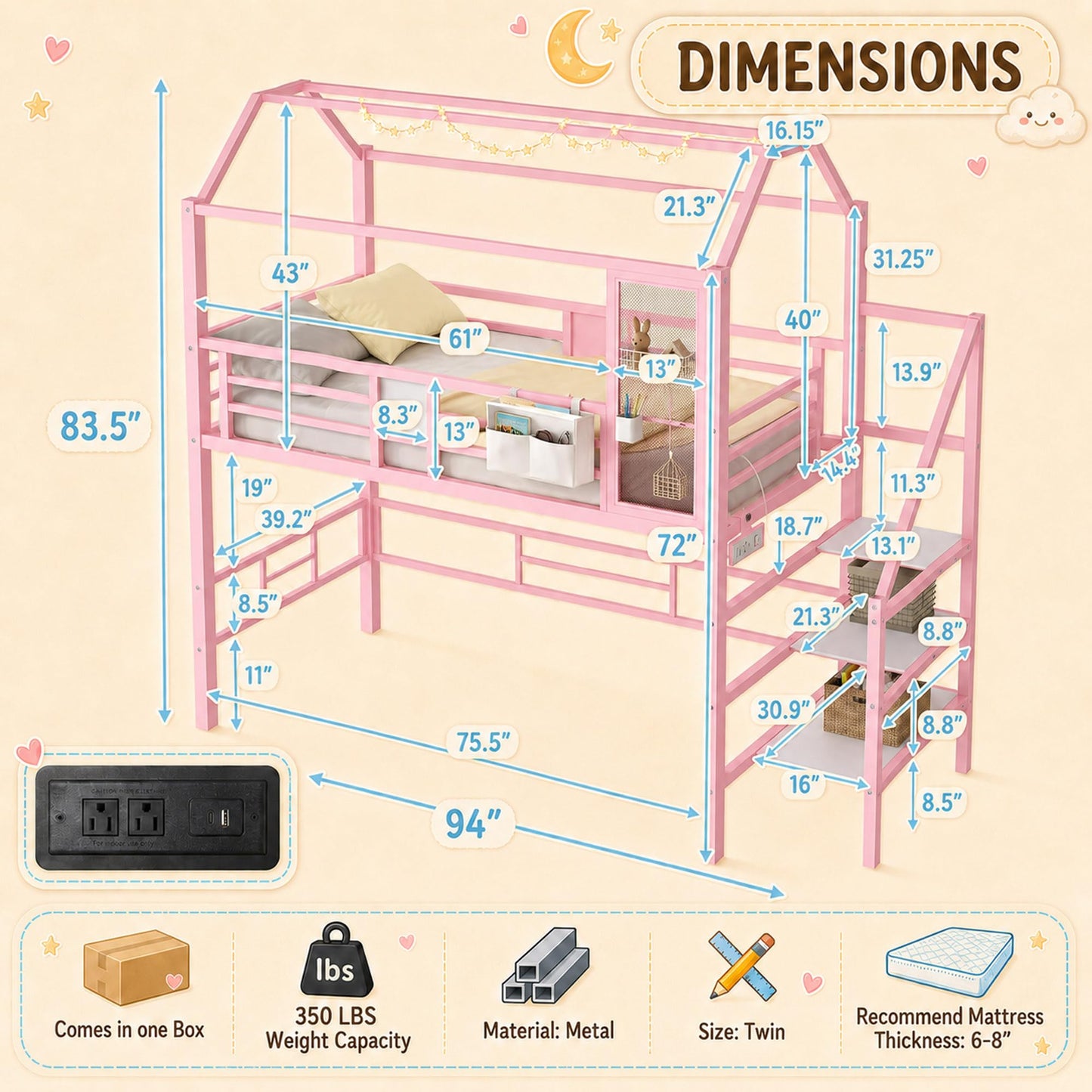 Firscook Twin Loft Bed with Stairs, Charging Station, Storage & Light Strip, Metal House Shape Loft Bed Twin Size, Heavy-Duty Loft Beds Frame for Kids, Teens, No Box Spring Needed, Pink (Pink, Twin)