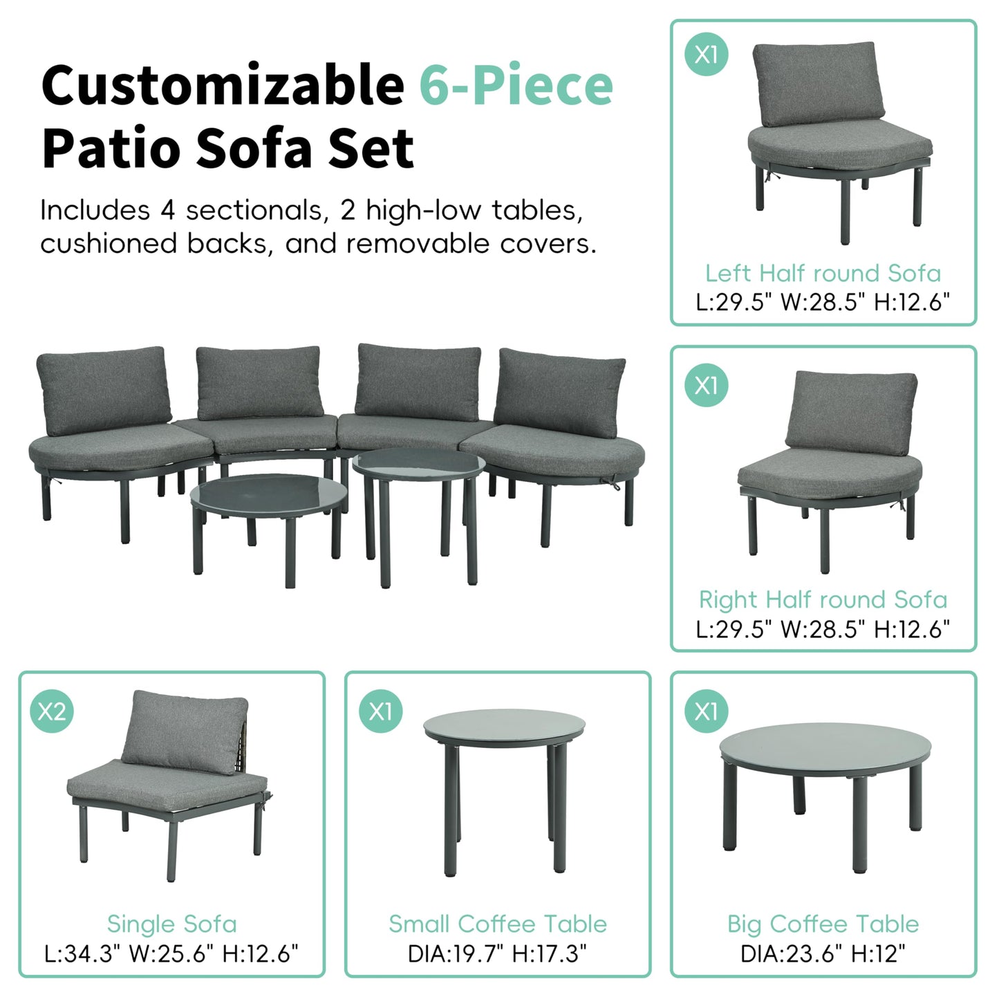 YOPTO 6-Piece Patio Sofa Furniture Set,Half Moon Outdoor Sectional Sofa with 2 High-Low Coffee Tables and Tempered Glass,PE Wicker Rattan Chair w/ 4 Pillows & Cushions,Furniture for Poolside,Gray