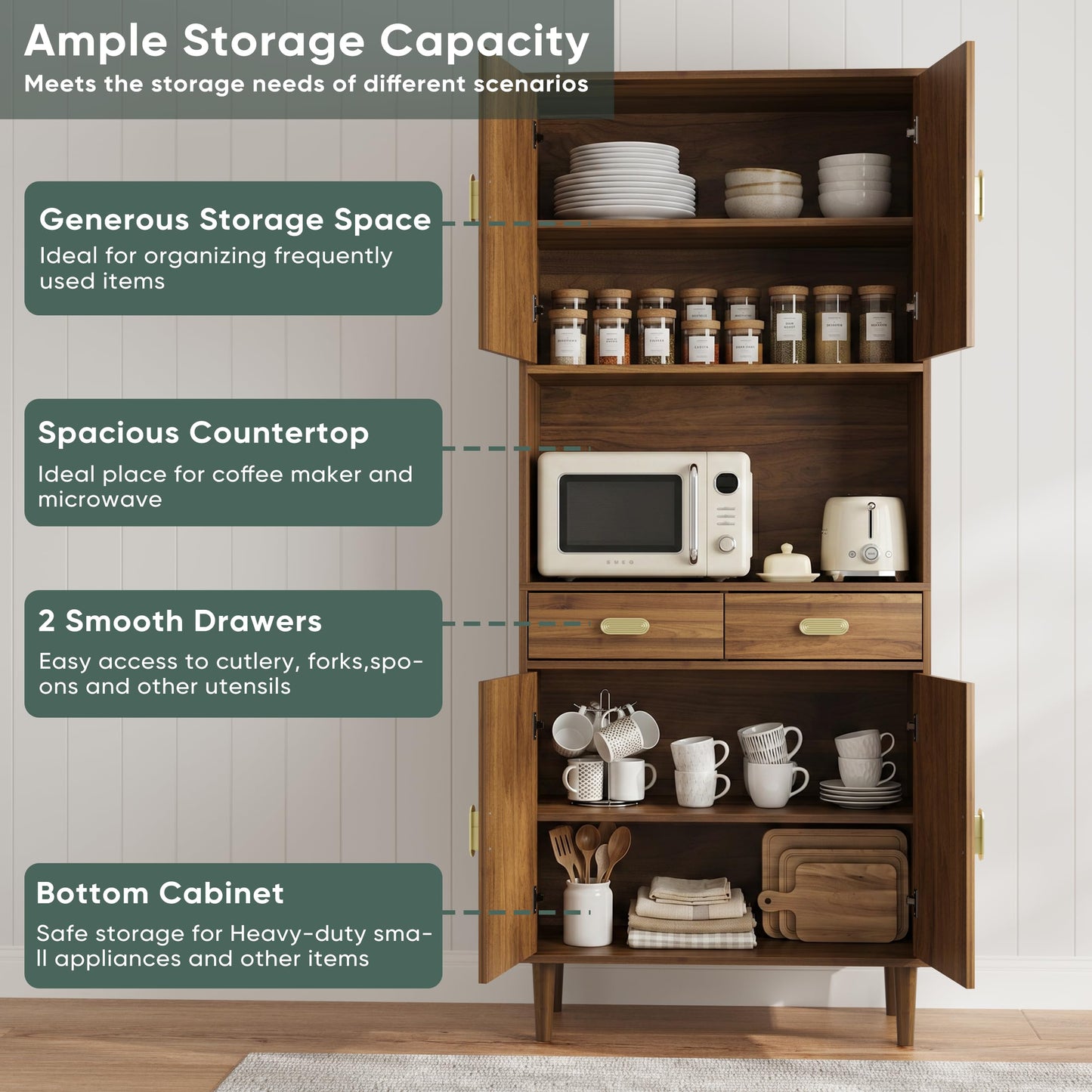 Smart FENDEE 70.87" Tall Kitchen Pantry Cabinet with Line Grooved Doors, Storage Cupboard with 2 Drawers, Adjustable Shelves & Gold Handles for Dining Room, Bathroom, Walnut