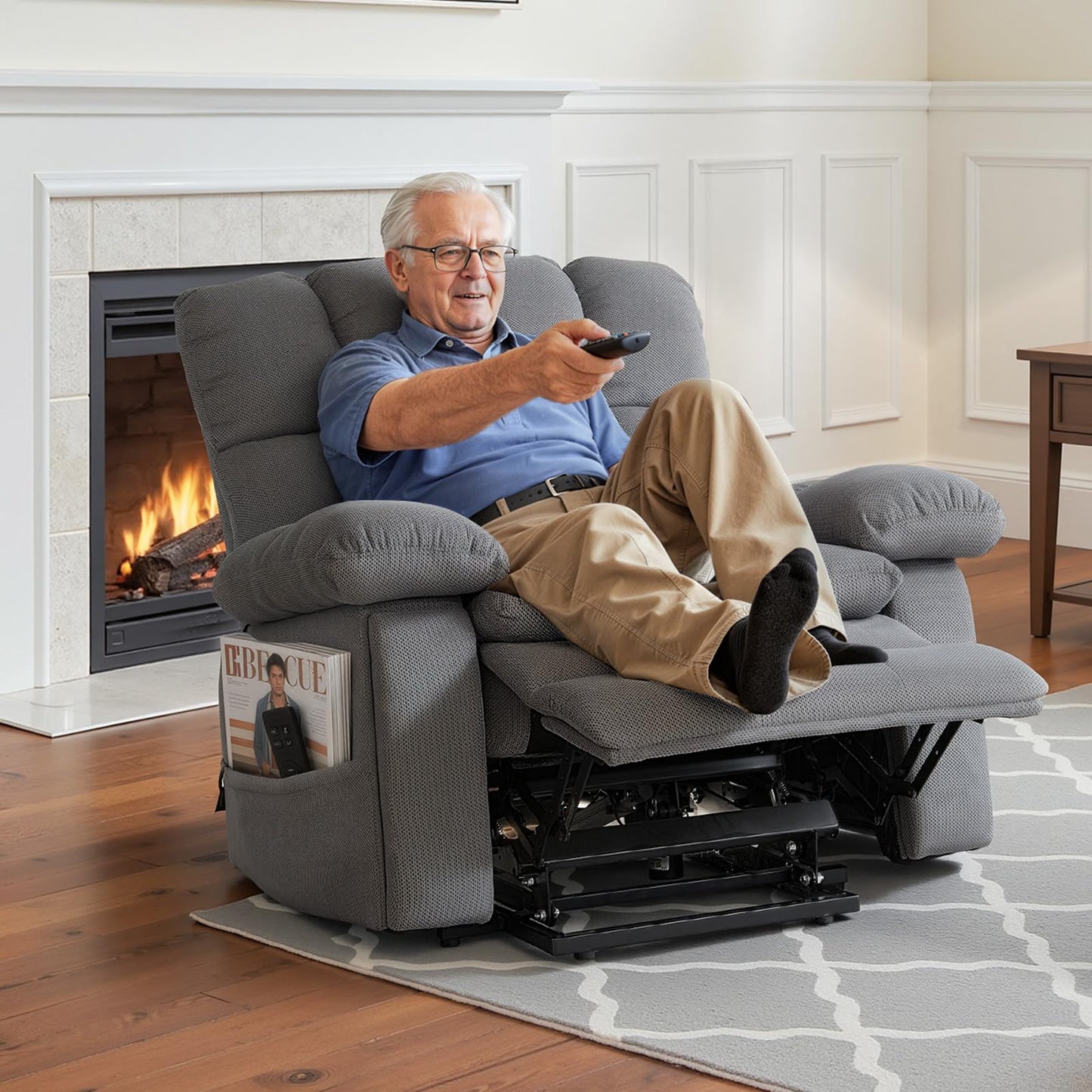 VEVOR Oversized Power Lift Recliner Chairs, Dual Motor Lift Chair with Heat and Massage for Elderly, Position Adjustable, with Side Pockets, Cup Holders and USB Port, Chenille Fabric, Light Gray