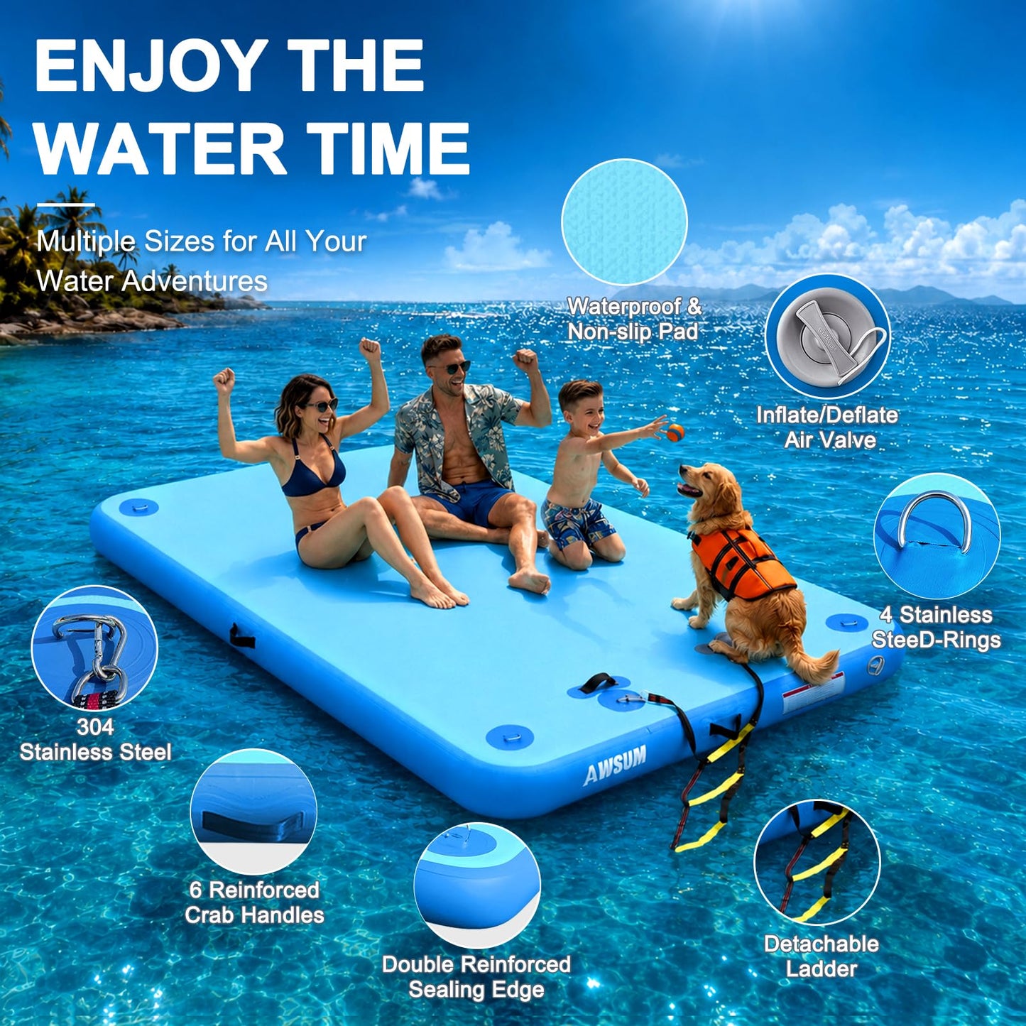 AWSUM Inflatable Floating Dock, 8ft Non-Slip Swim Platform & Lake Island Raft for Pool, Beach, Ocean
