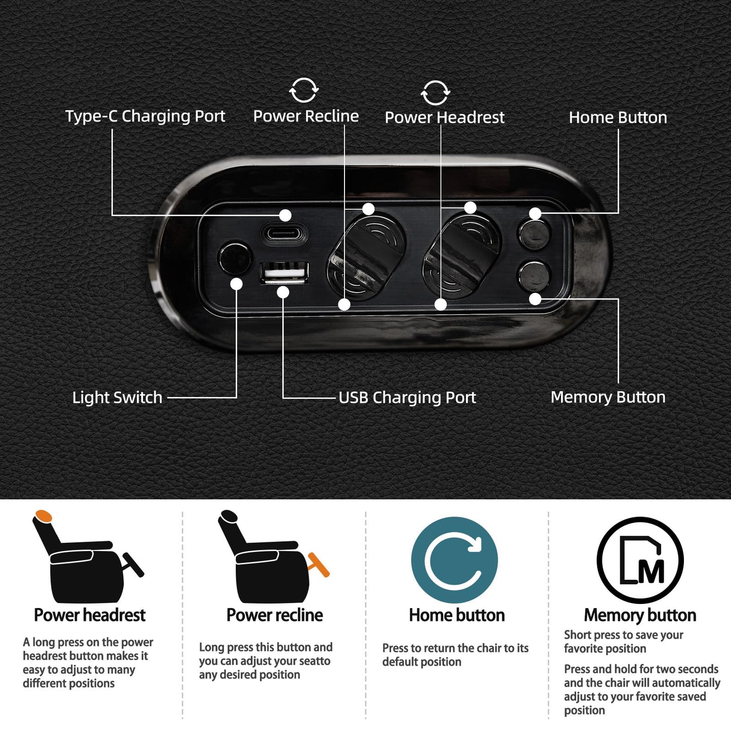 comfiroom Top Grain Leather Home Theater Seating Seats, Simple Style Dual Power Gaming Sofa Top Grain Leather Movie Theater Chairs Recliner Sofa with Type-C USB Charger (Black, Row of 2)