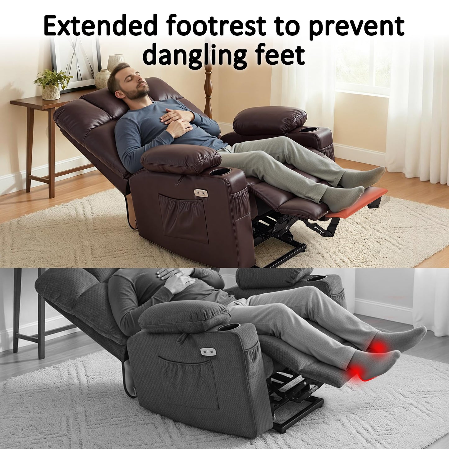 MCombo Dual Motor Power Lift Recliner Chair for Elderly, Massage and Heat, Lay Flat, Zero Gravity, Home Button, USB Port, Faux Leather 7680 (Dark Brown, Large)
