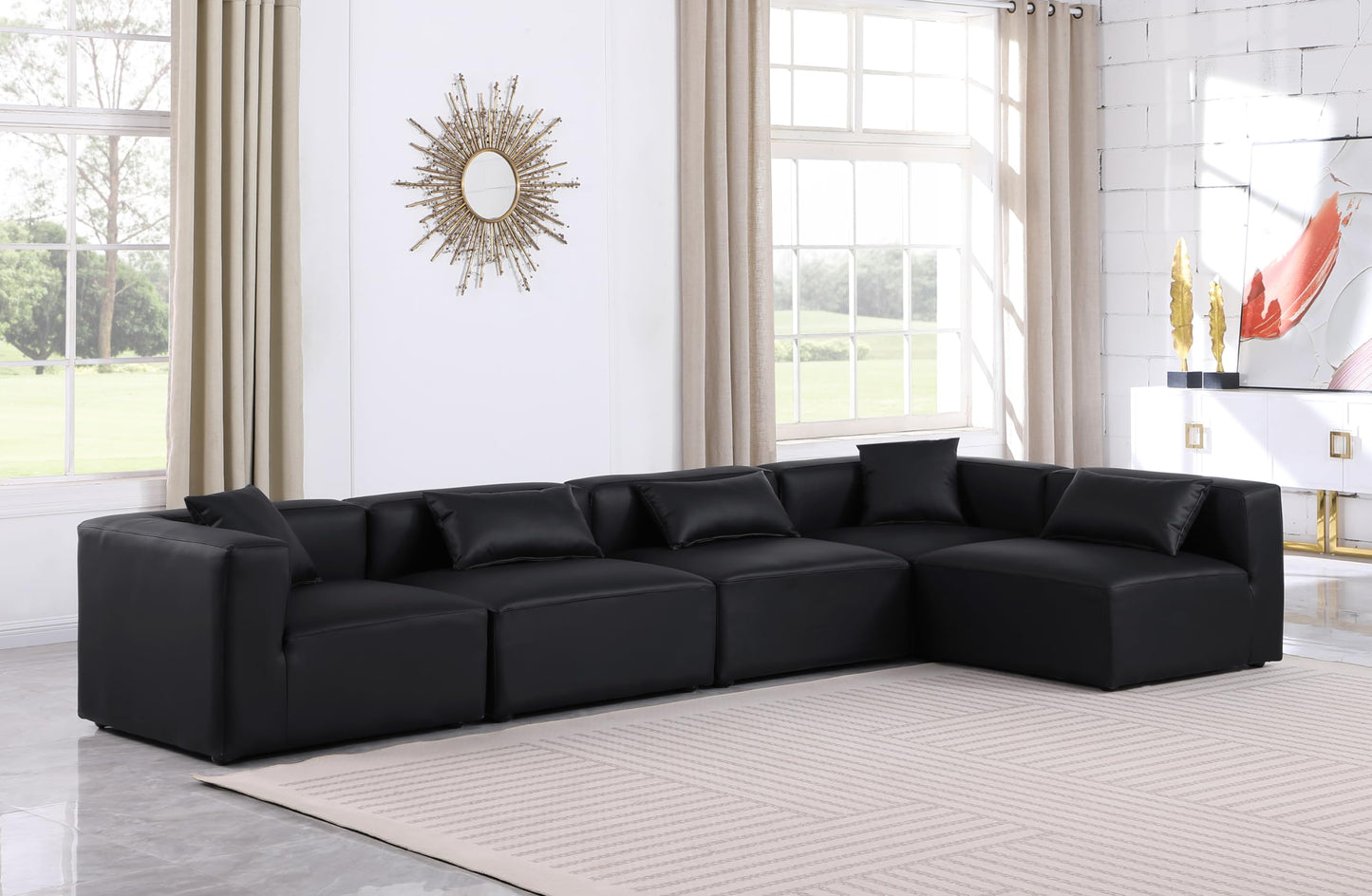 Meridian Furniture 668Black-Sec5D Cube Collection Modern | Contemporary Modular Sectional with Soft Black Vegan Leather, Modular to Create Infinite Configurations, 144" W x 72" D x 26" H, Black
