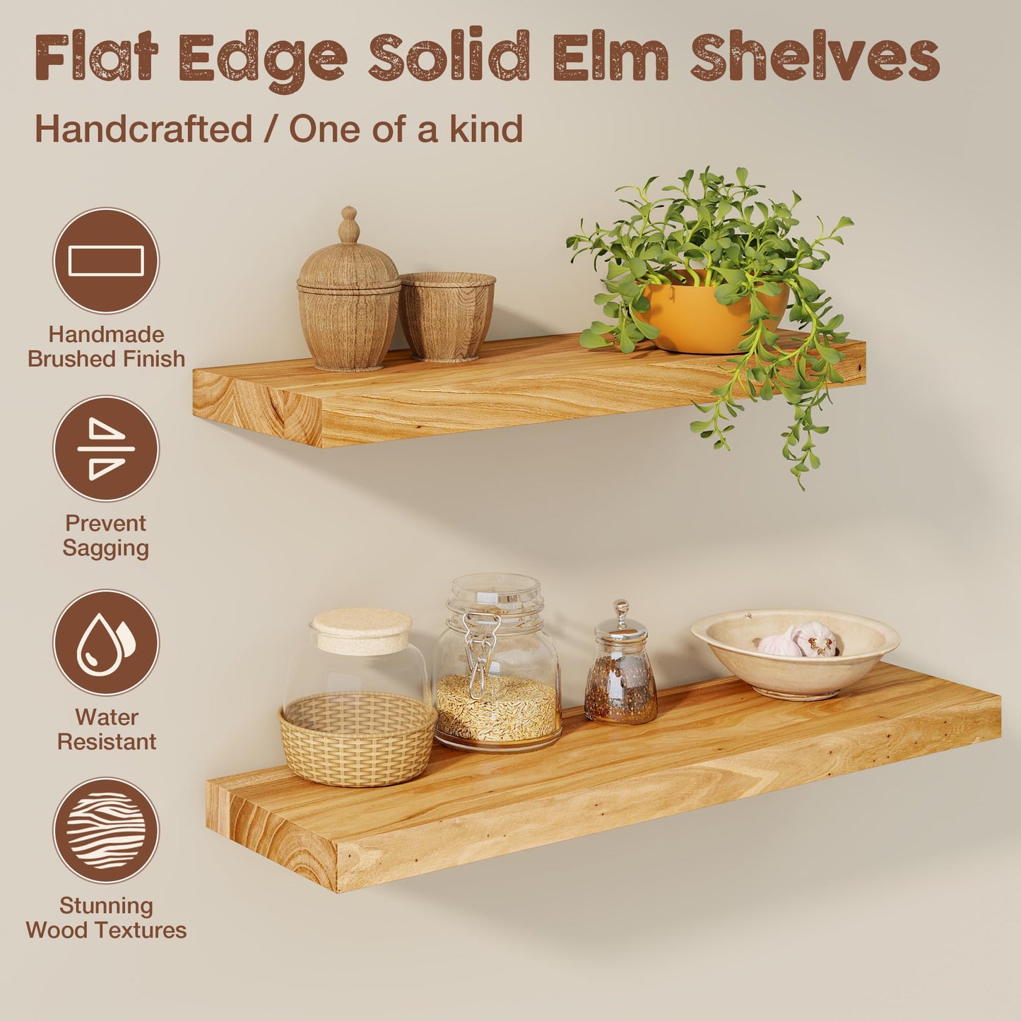 fuqing Floating Shelves for Wall, 72 inch Rustic Solid Elm Wood Floating Shelves, Wooden Wall Shelves with Invisible Heavy Duty Brackets for Living Room, Bedroom, Kitchen, Bathroom, 1 Pack, Natural