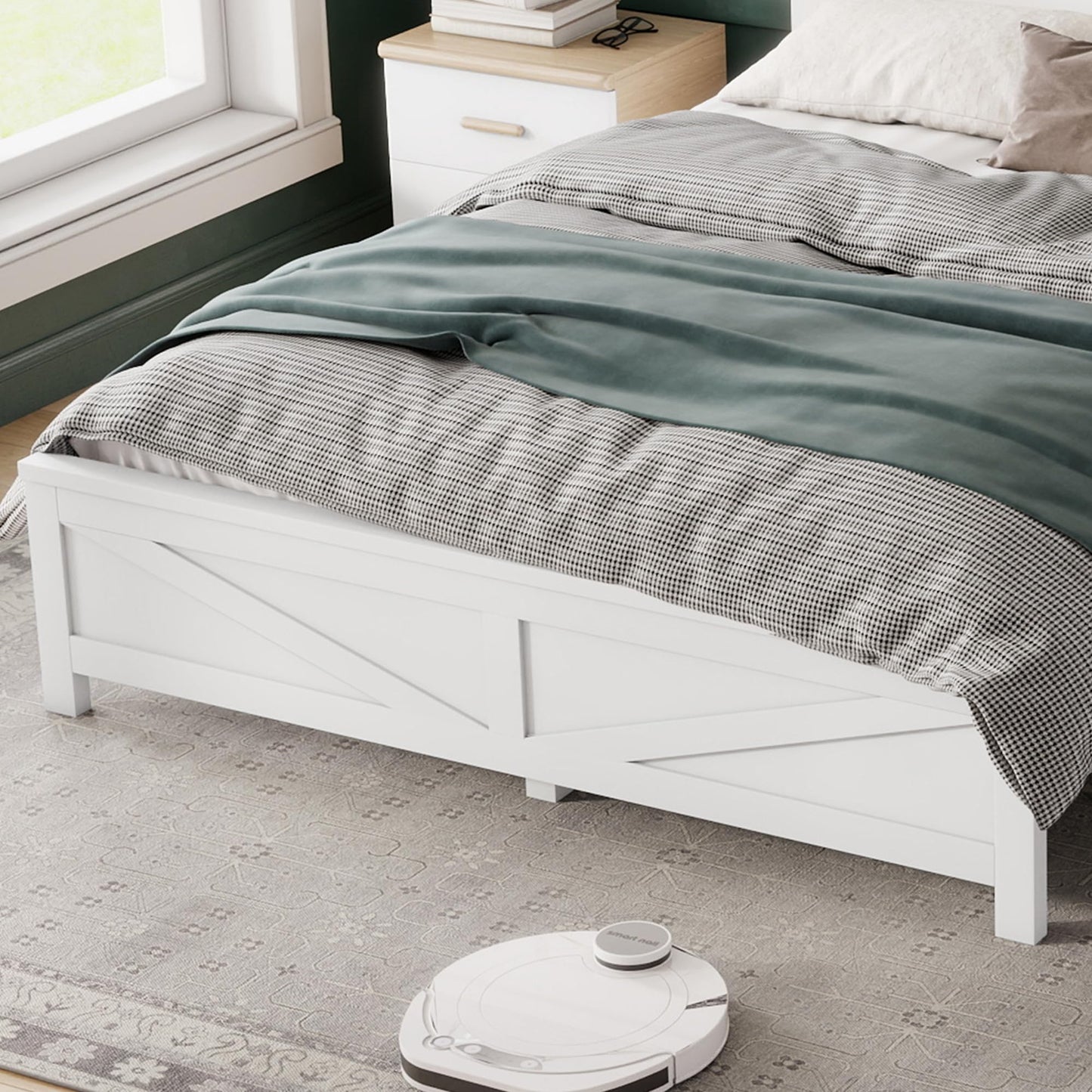 KEIKI Farmhouse Queen Size Platform Bed Frame with Headboard and Footboard, Pinewood Bed Platform with Slat Support, No Box Spring Needed Bedframe, Under-Bed Storage, Barn Door Designed