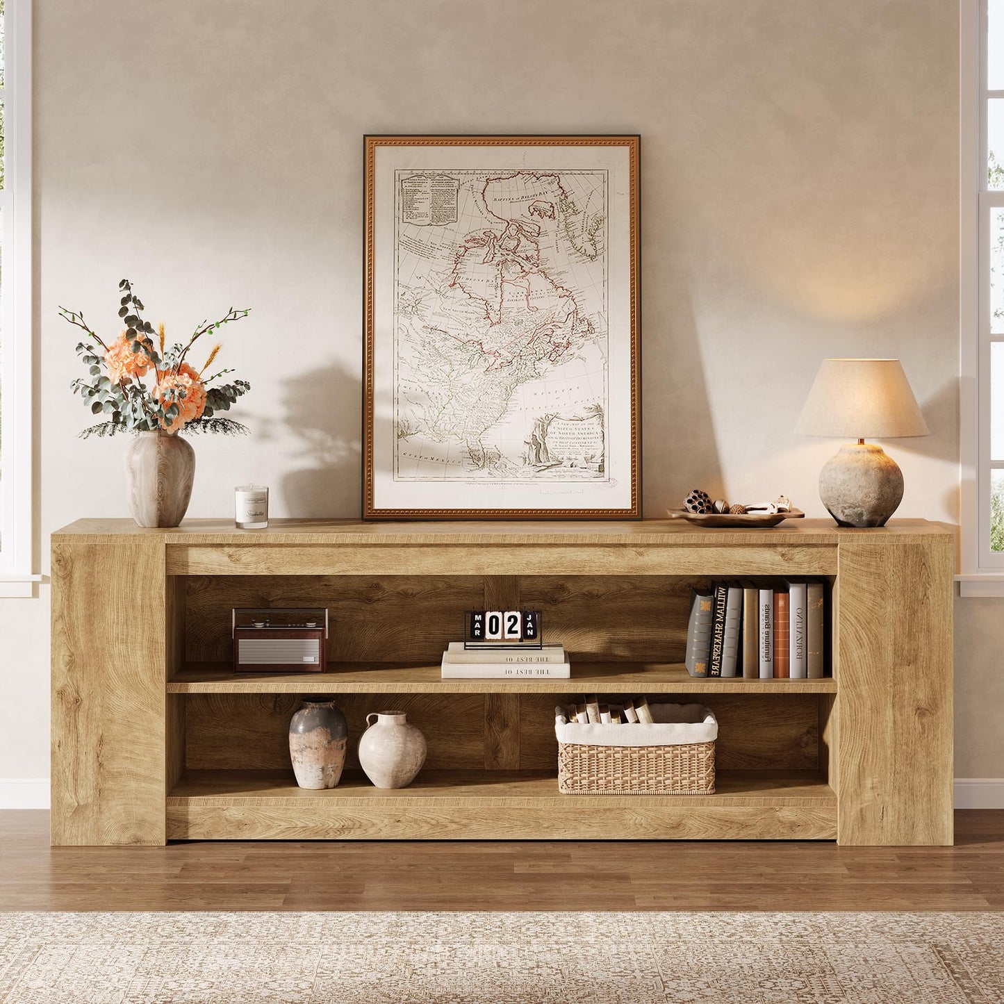 Tribesigns 78" LED Light TV Stand for TVs up to 90 Inches, 3 Tiers Farmhouse Entertainment Center with Open Storage Shelves, Media Console Table for Living Room, Bedroom, Rustic Brown