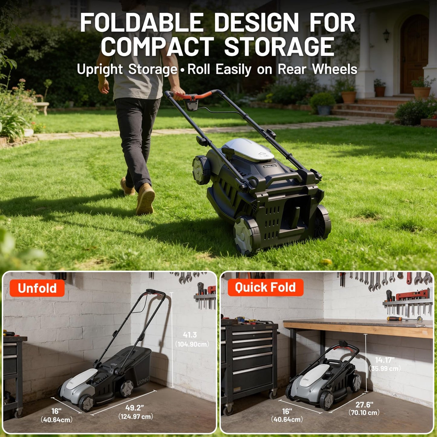 Litheli 2x20V 16 Inch Cordless Lawn Mower, Brushless Battery Powered Push Mower, 6 Adjustable Cutting Heights 25-75mm, 50L Collection Bag & Mulching, 2x5.0Ah Batteries and Charger Included