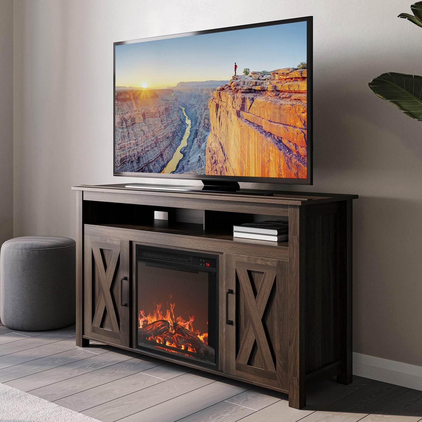 BELLEZE Modern 48" Barn Door Wood TV Stand with 18" Electric Fireplace Heater & Media Entertainment Center Console Table for TV up to 50" with Two Open Shelves and Cabinets - Corin (Dark Walnut)