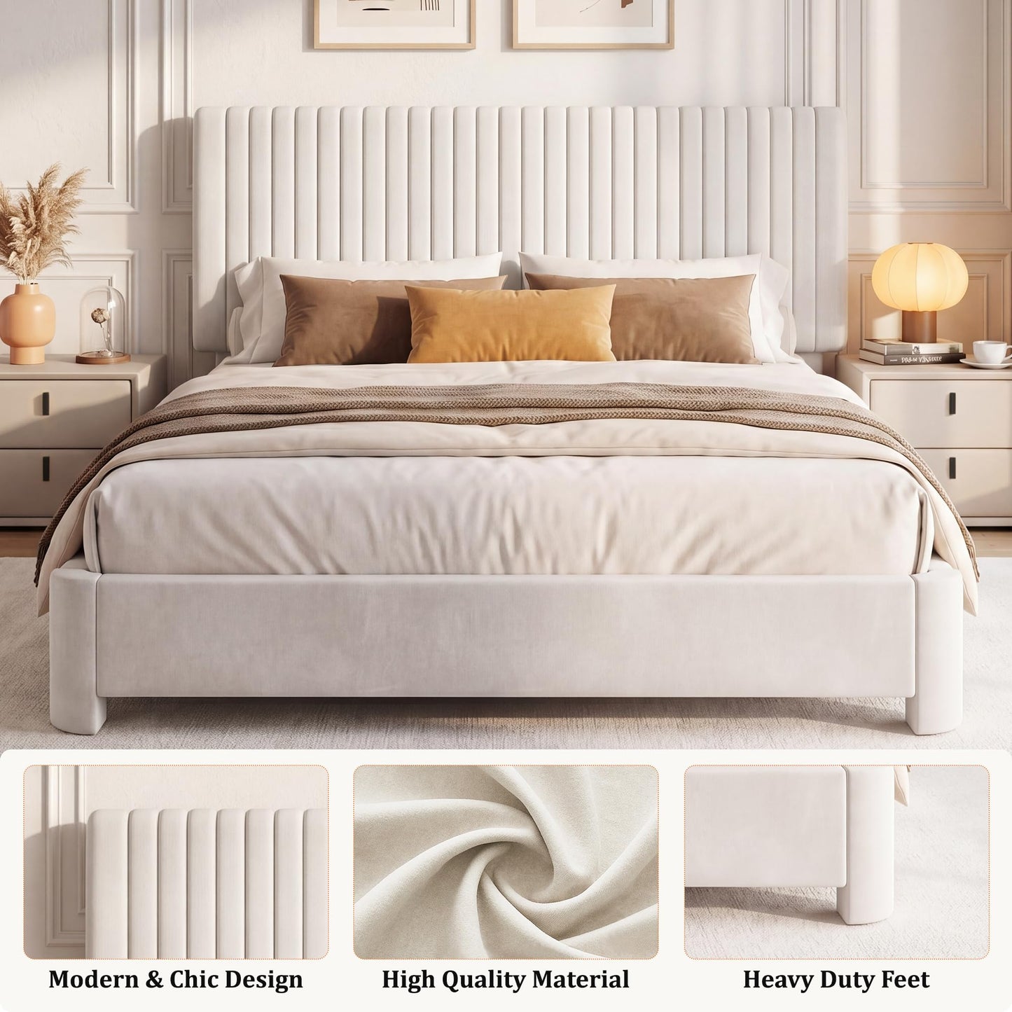 Erdoru Queen Size Velvet Upholstered Bed Frame with Headboard, Luxury Wooden Slat Support Platform Bed, Noise-Free Sturdy Low Profile Design, No Box Spring Needed, Easy to Assemble, White