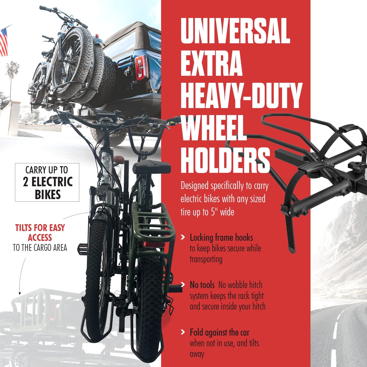Hollywood Racks Sport Rider 2" Hitch Bike Rack, Carries 2 Bikes up to 80 lbs Each for Standard, Fat Tire and Electric Bicycles - Heavy Duty, Foldable Ebike Rack for Car, Truck, and SUV