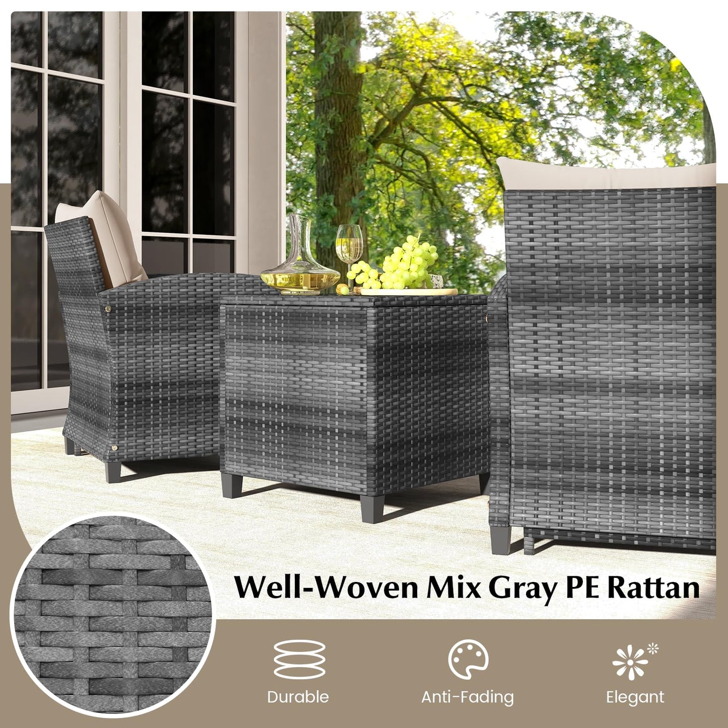 Tangkula 5 Pieces Patio Conversation Set, PE Wicker Rattan Outdoor Furniture Set with 2 Chairs, 2 Ottomans & Tempered Glass Coffee Table, Ideal for Poolside, Backyard, Lawn, Deck, Mix Grey & Beige