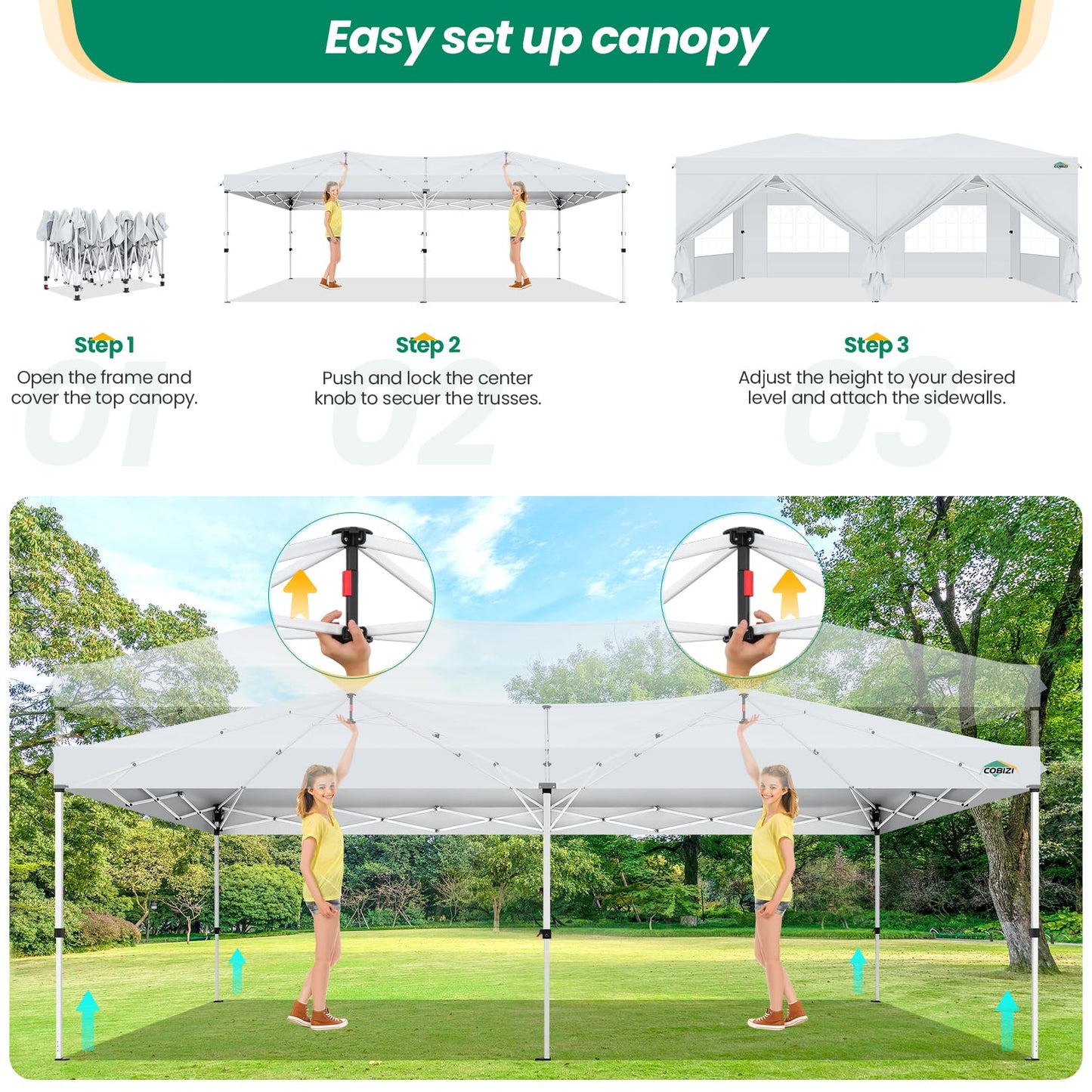 COBIZI Canopy 10x20 Pop Up Canopy Tent with 6 Sidewalls, One Push Party Tents for Parties Outdoor Wedding Waterproof Gazebo Commercial Event Tent with Sandbags, Swan White