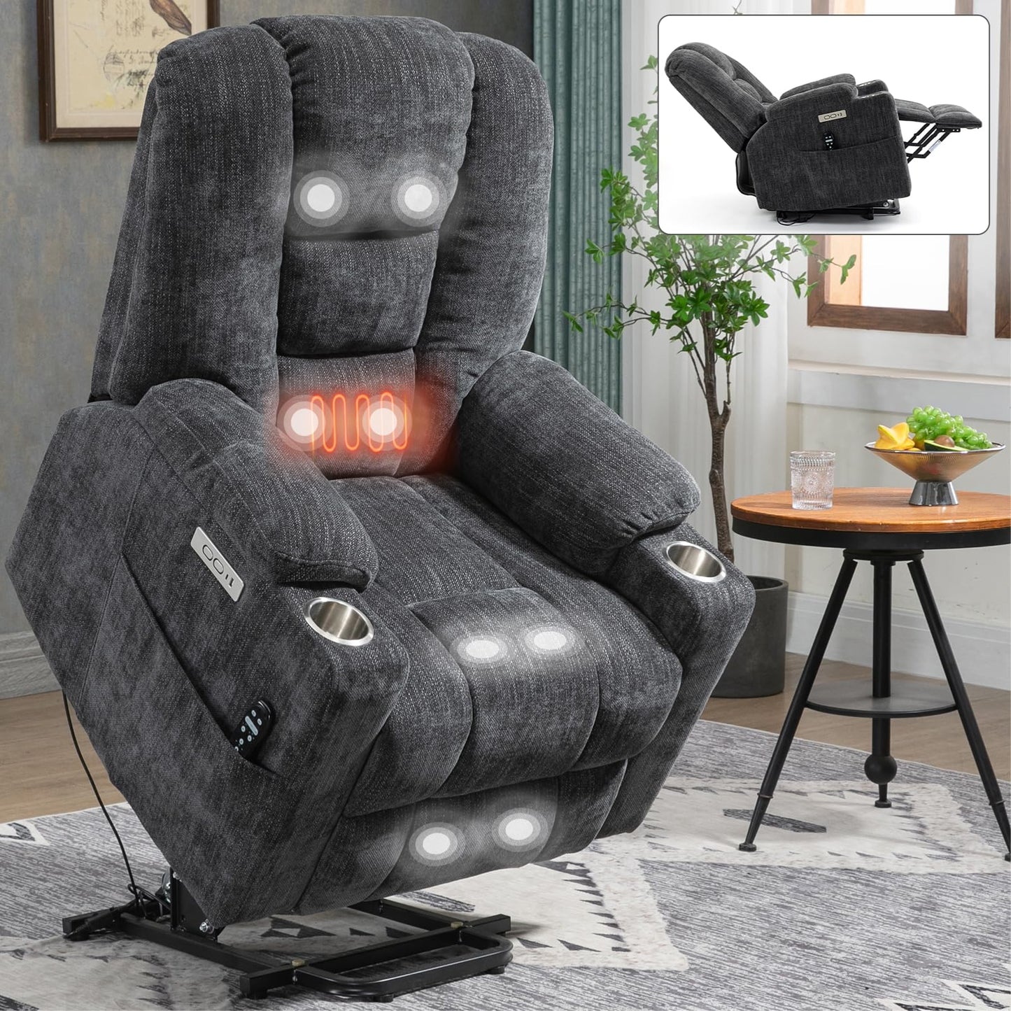 KEIKI Oversized Power Lift Recliner Chair with Heat & Massage, Reding Rocking Chair for Elderly, High Seat Comfy Chenille Recliner with Side Pockets, USB Port, Cup Holders & Lumbar Support, Grey