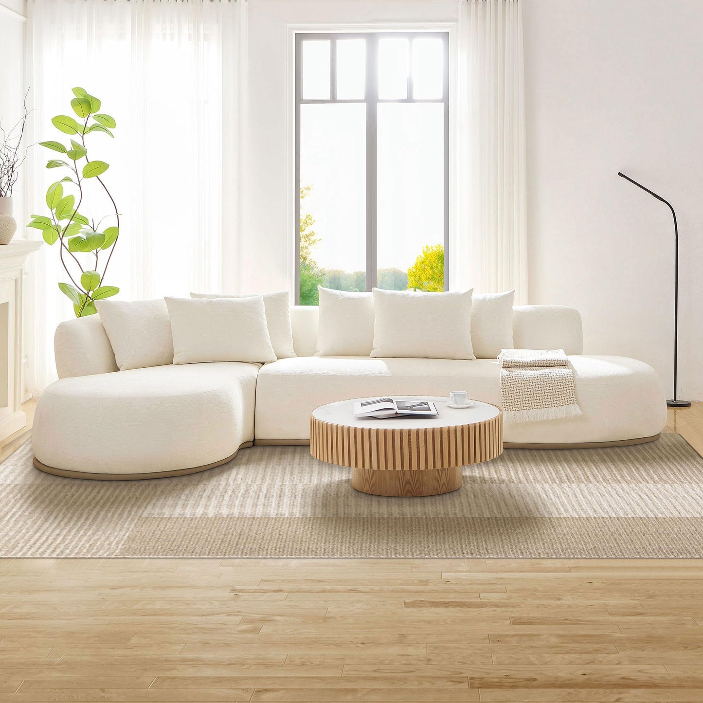 KEIKI 135" L-Shaped Oversized Boucle Sectional Sofa with Left Chaise, Modern 5-Seater Polyester Curved Couch with PU Leather Base & 6 Decorative Pillows, No Assembly Required, for Living Room, Beige