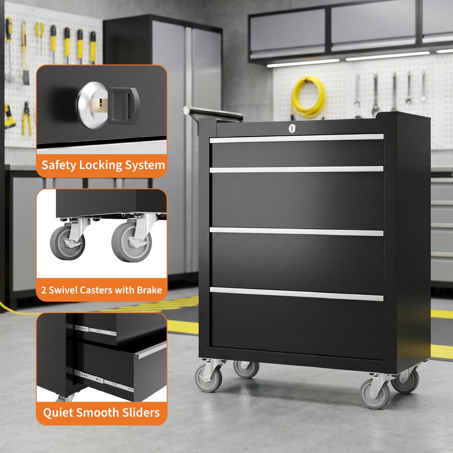SierraSquad Rolling Tool Chest, 4-Drawer Tool Storage Cabinet, Tool Box with Wheels, Lock System and Drawer Liners, Tool Cart for Warehouse, Workshop and Repair Shop, Black