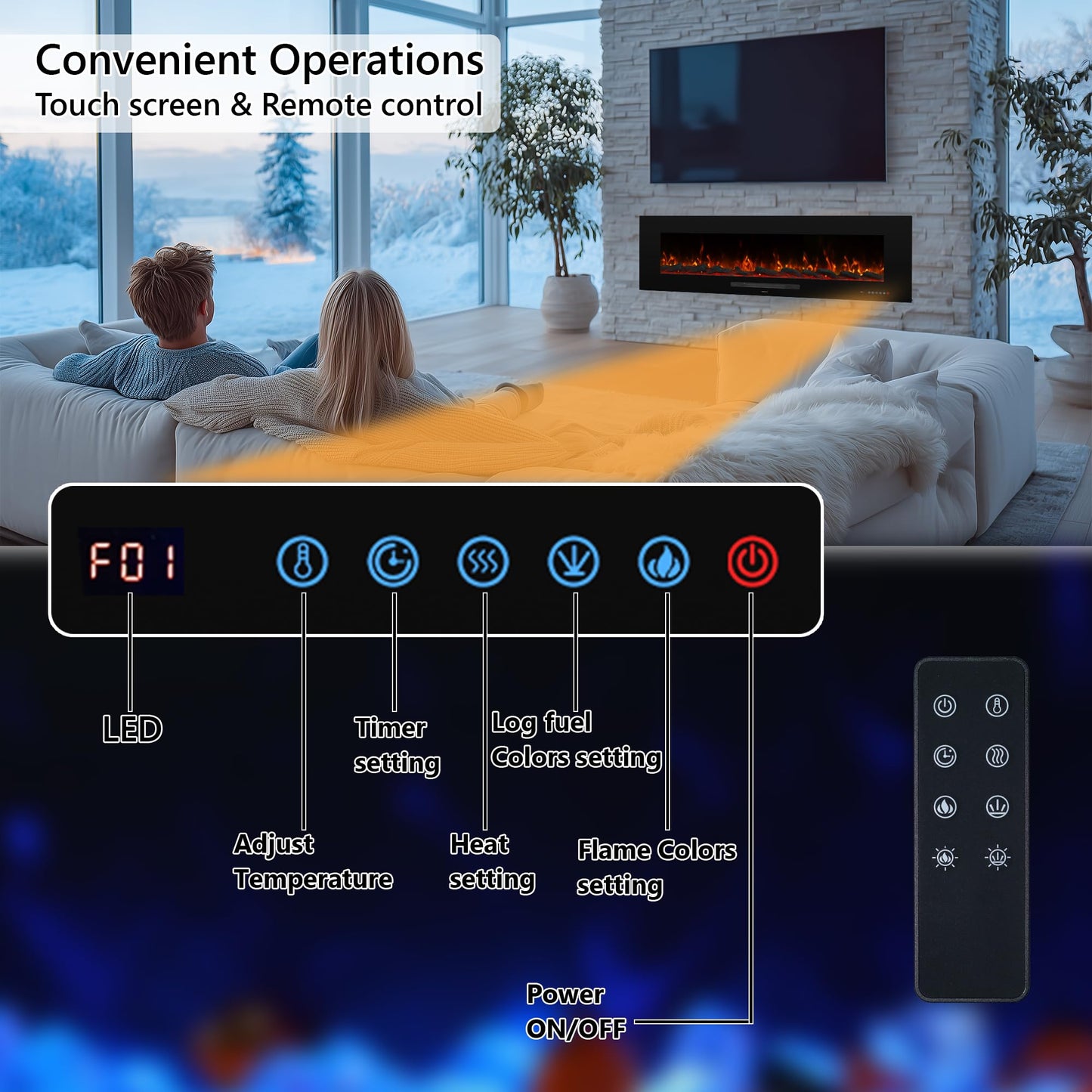 Dreamflame 50" Electric Fireplace, Recessed & Wall Mounted Fireplace Heater 13 * 13 Colors Flame &Fuel Bed w/5 Dimmer, Touchscreen &Remote Control Temp, Overheating Protect, Hardwired, 1500W, Black