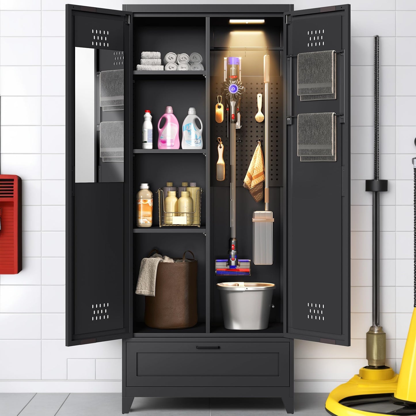 YITAHOME 71" Metal Garage Broom Cabinets with Adjustable Shelves, Vacuum Storage Cabinet with Doors and Drawer, Tool Storage Cabinet for Gym, Basement, Warehouse, Black