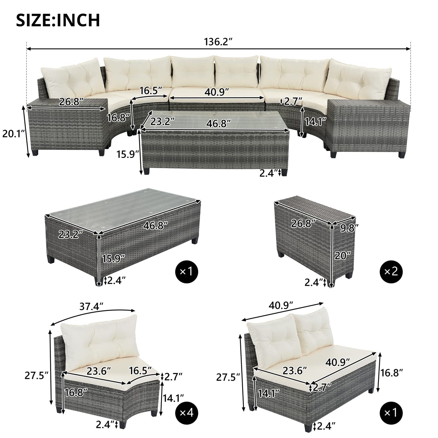 Merax 8-Pieces Outdoor Wicker Round Sectional Curved Sofa Set with Rectangular Coffee Table, PE Rattan Water-Resistant and UV Protected, Movable Cushion, Half-Moon Style, Beige