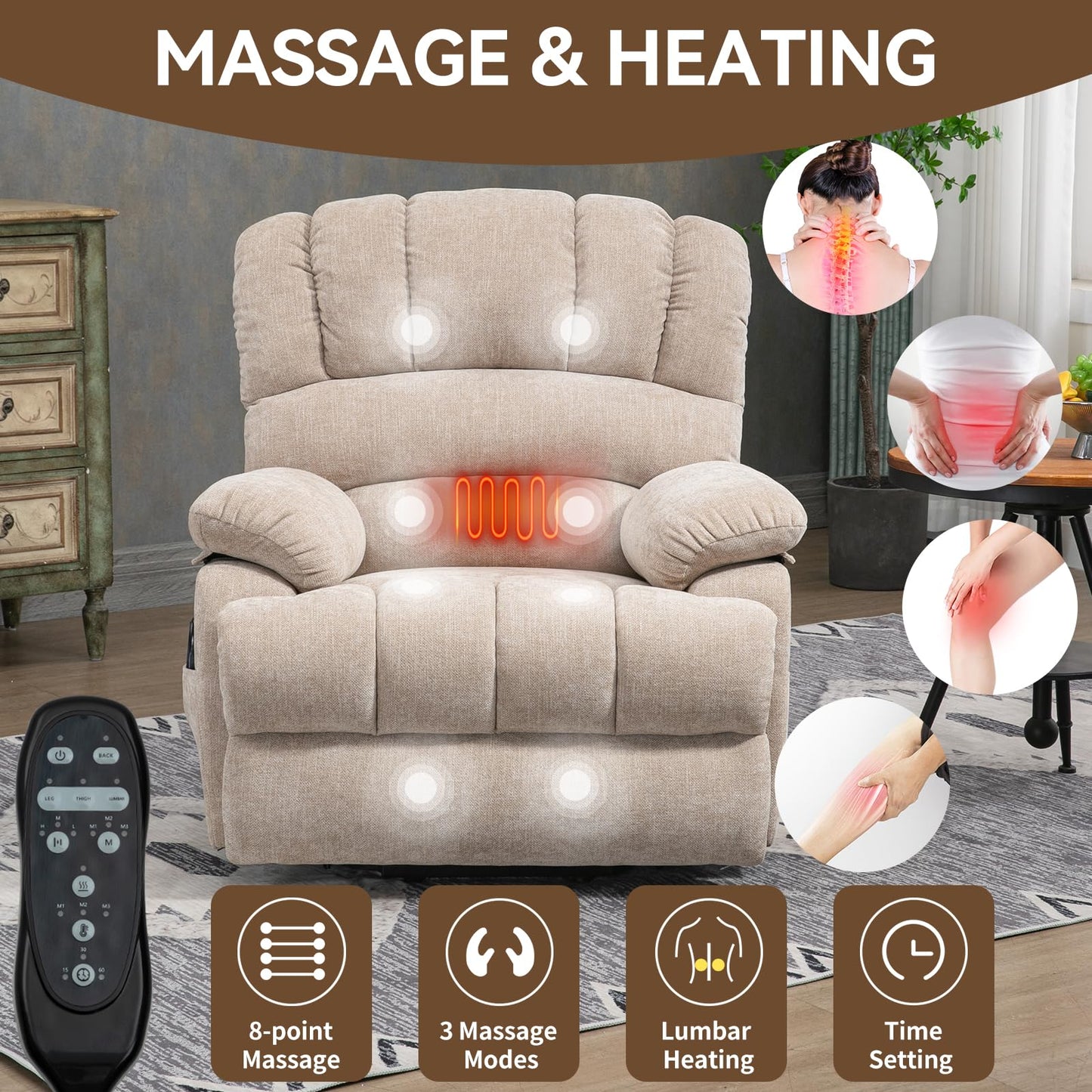 KEIKI Large Power Lift Recliner Chair with Wide Seat and Remote for Big and Tall, Soft Fabric Finish with Vibration Massage and Lumbar Heating