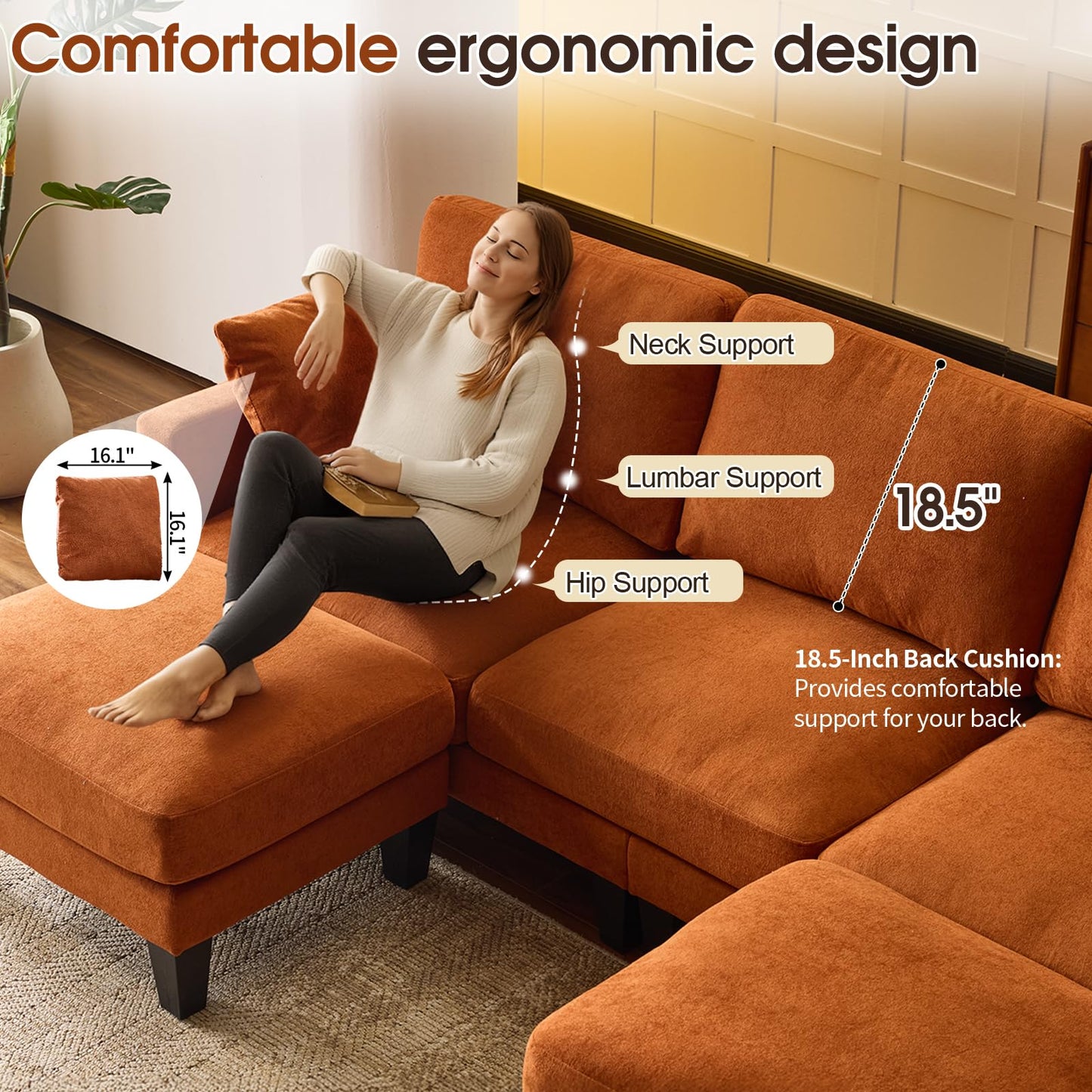 VINGLI 100" W U Shaped Couch with Ottoman, 22" Deep Seat Comfortable Sectional Couches for Living Room, 3 Seater Chenille Fabric Cloud Sofa for Apartment, Small Spaces, Bedroom, Orange