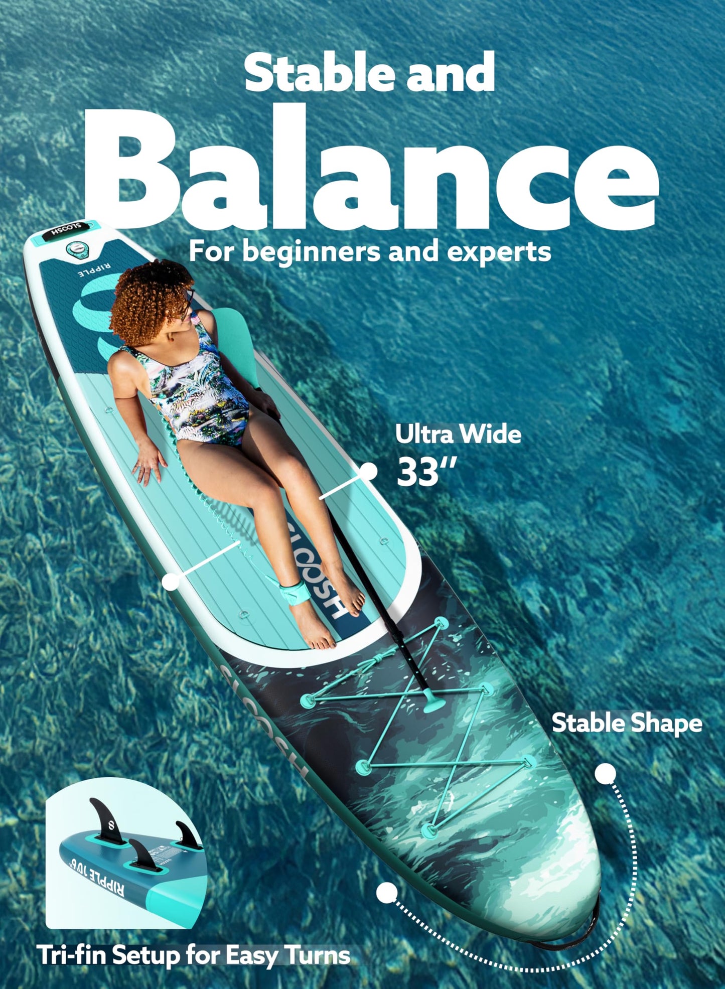 SLOOSH Inflatable Stand Up Paddle Board, 10'6" Paddle Boards with Premium Accessories, Non-Slip EVA Deck, Ultra-Light Carry Bag Pump, Ripple SUP for Youth & Adults of All Skill Levels