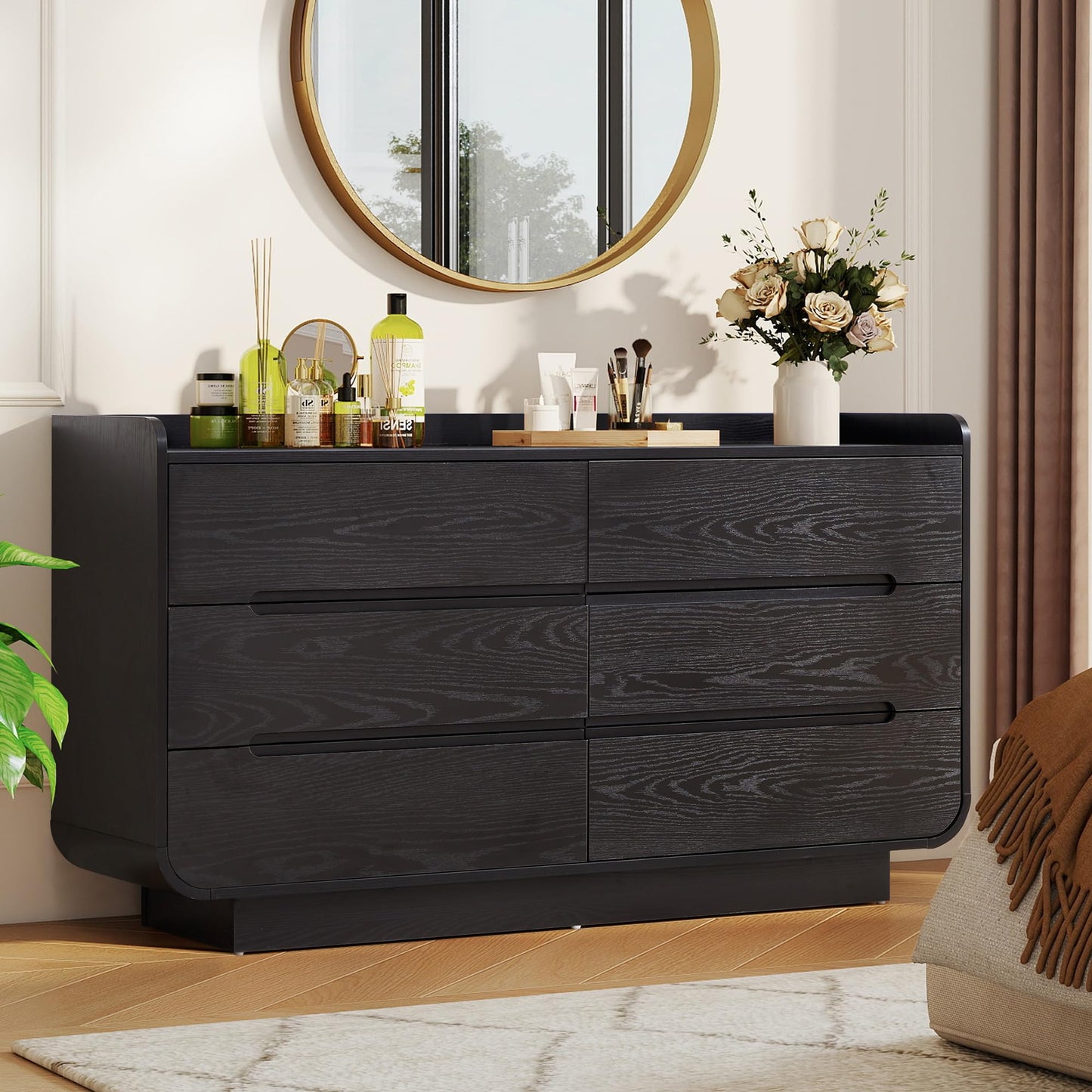 YUCHIATH Curved 6 Drawer Dresser for Bedroom, Modern 53-Inch Chest of Drawers, Wood Storage Dresser Organizers with Hidden Handles, 6 Drawer Dressers for Bedroom, Nursery, Living Room, Black