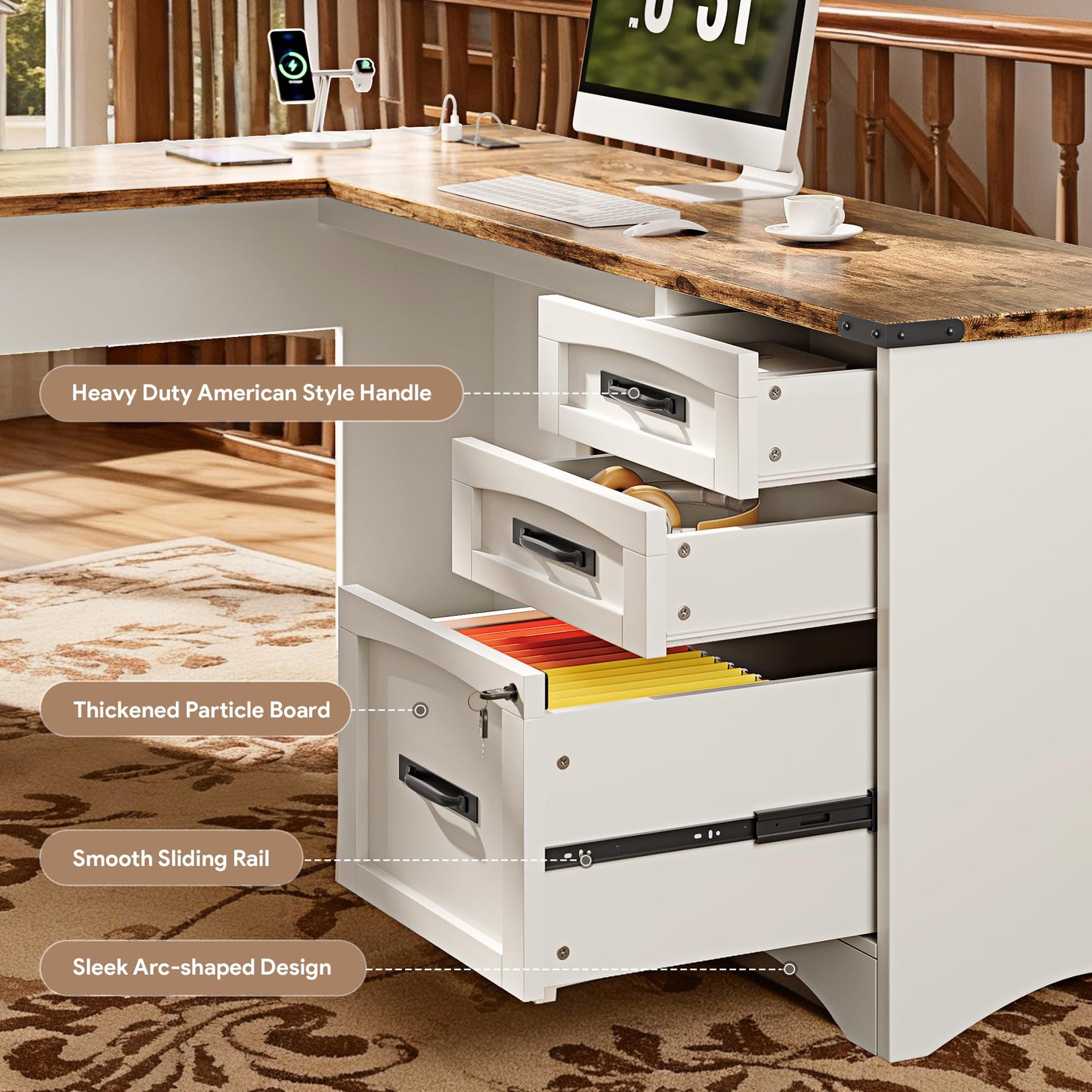 Decofy 67" Farmhouse L Shaped Standing Desk with Drawers Home Office Executive Desks with Fast Charging Station, Lockable File Cabinet, Wood Writing Computer Desk for Work, Study, White