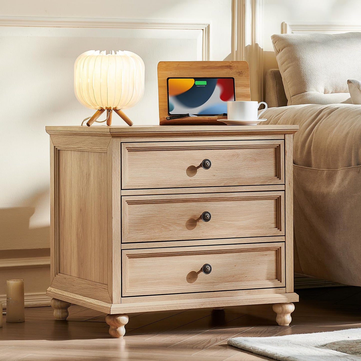 Joaxswe 24" Wide Farmhouse Night Stand Set of 2,Large End Table with 3 Drawers & Metal Handle,Natural Wood Dresser for Bedroom Cabinet, Bed Side Table Chest of Drawers,Nightstand for Living Room