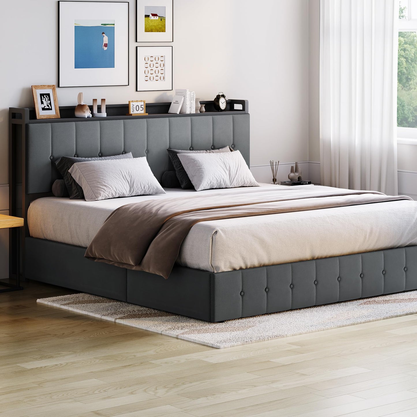 Garvee King Size Lift Up Storage Bed, Upholstered Velvet Bed Frame with Storage Headboard, Metal Platform Bed, No Box Spring Needed, Solid Wooden Slats, Noise Free, Grey