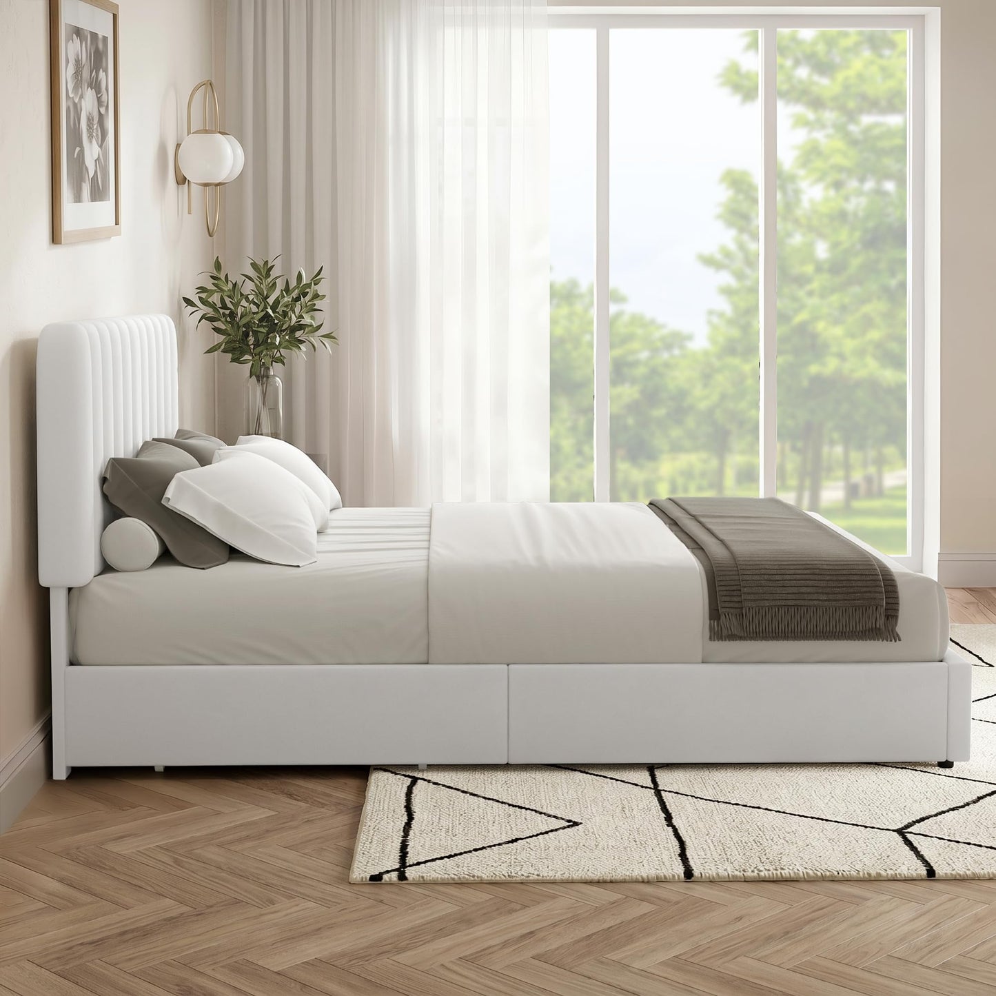 VECELO Queen Size Upholstered Bed Frame with 4 Drawers and Headboard, Velvet Platform Storage Bedframe, Wooden Slats Support, No Box Spring Needed,Snow-White