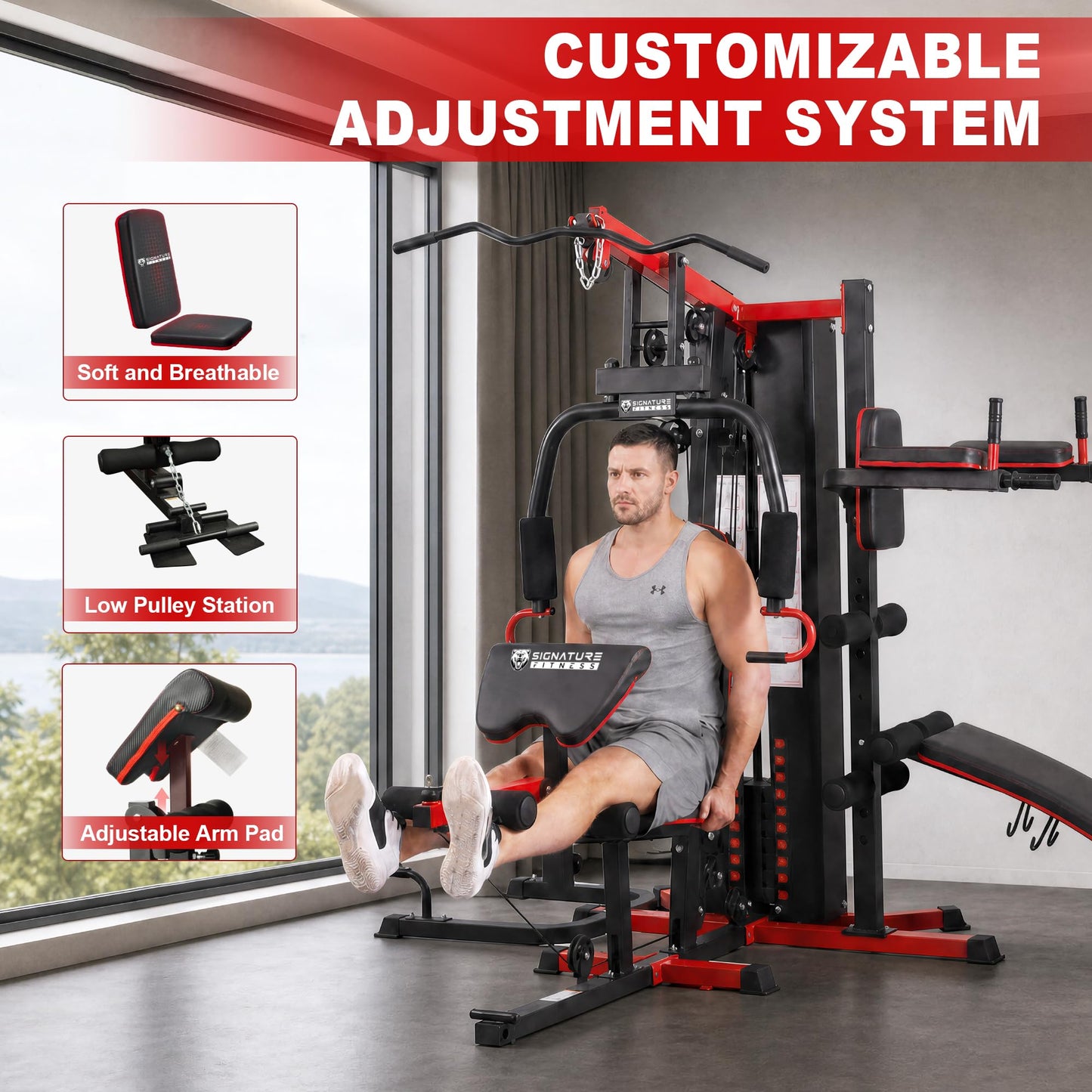 Signature Fitness Home Gym System Workout Station, Smith Machine & Leg Press – Multifunctional All-in-One for Full Body Strength Training, LAT Pull-Down, Pulley System, and Seated Rowing