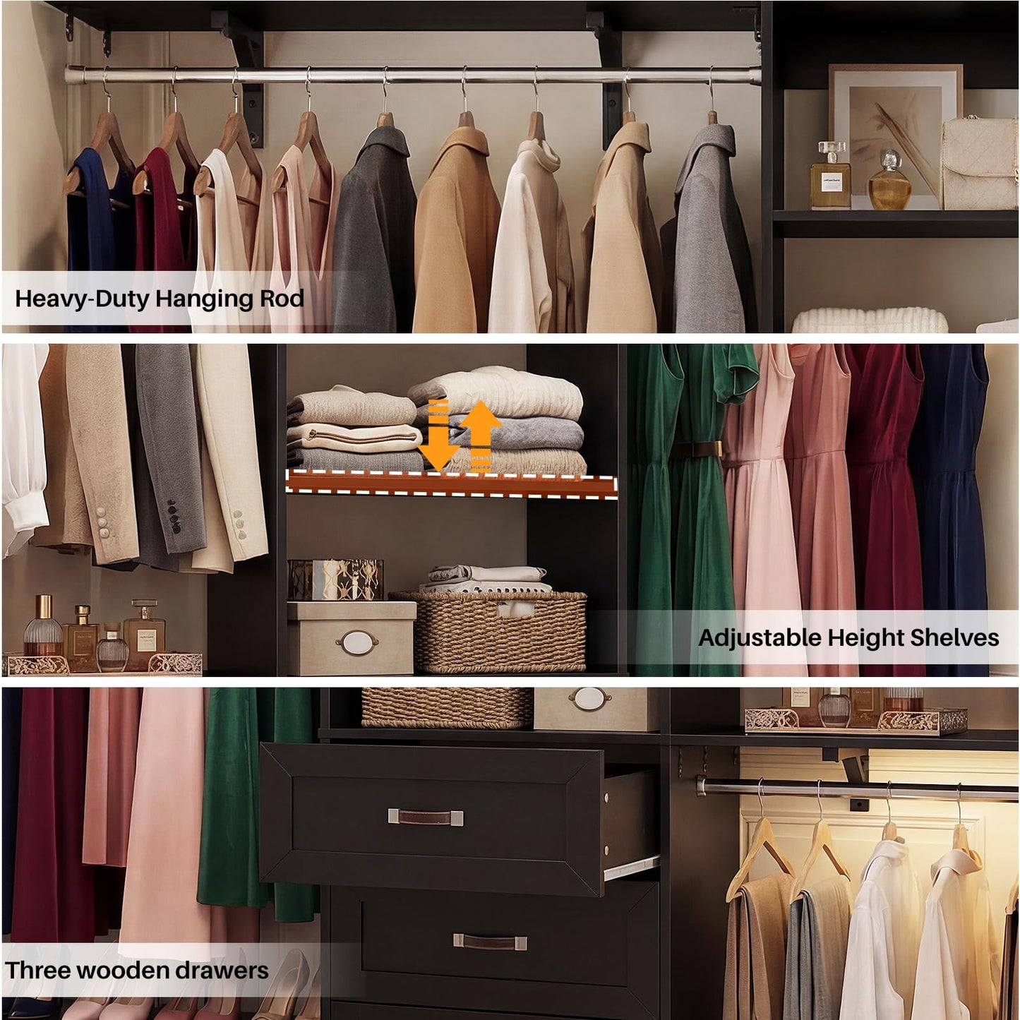 8FT Closet System with 3 Curved Drawers, 96'' Wooden Walk-in Closet Organizer with 3 Top Shelves, Adjustable Organizer System with 3 Hanging Rods, Built-in Wardrobe Storage Rack for 4-8 ft, Black